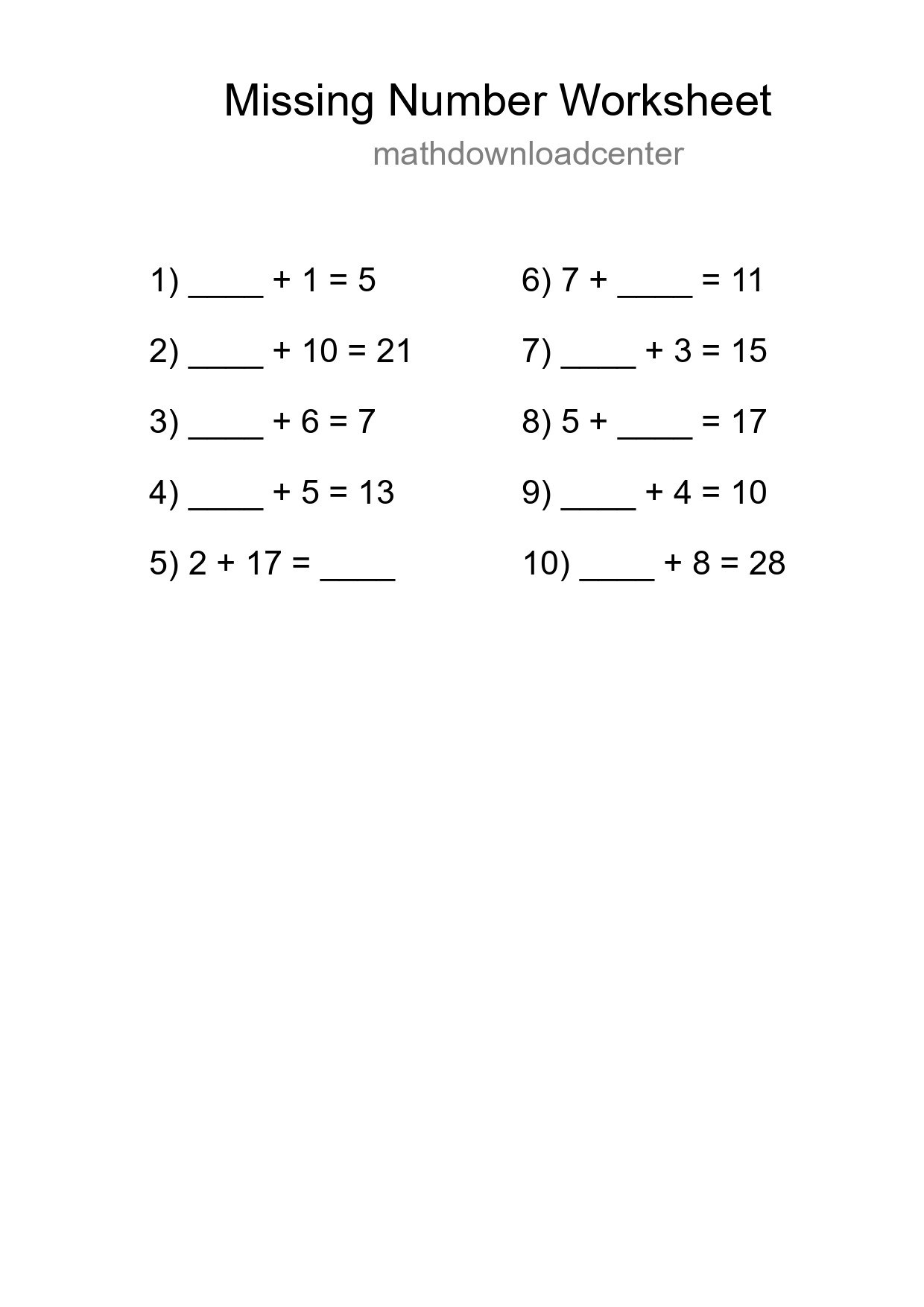 Missing Number Math Worksheet