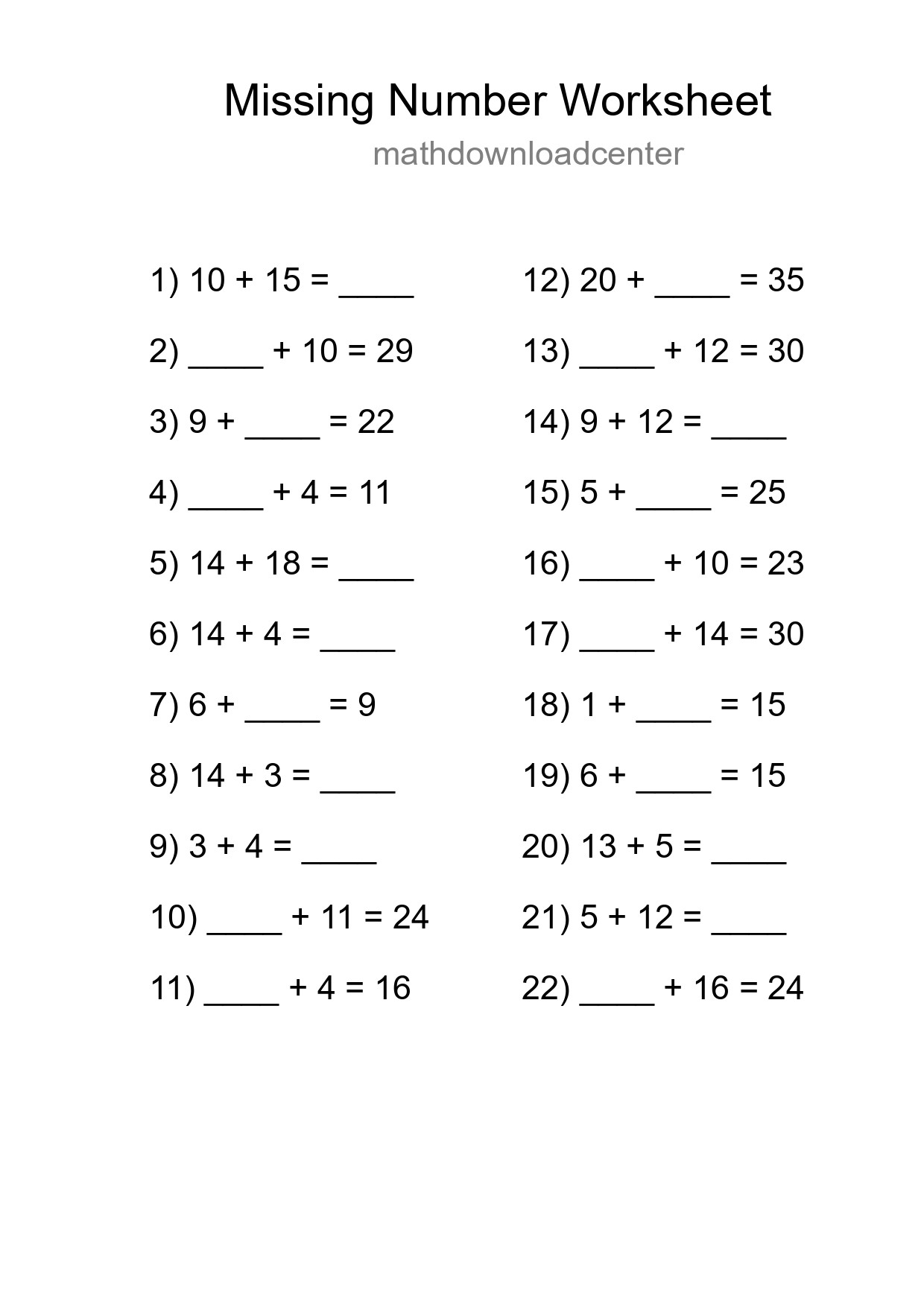Missing Number Math Worksheet