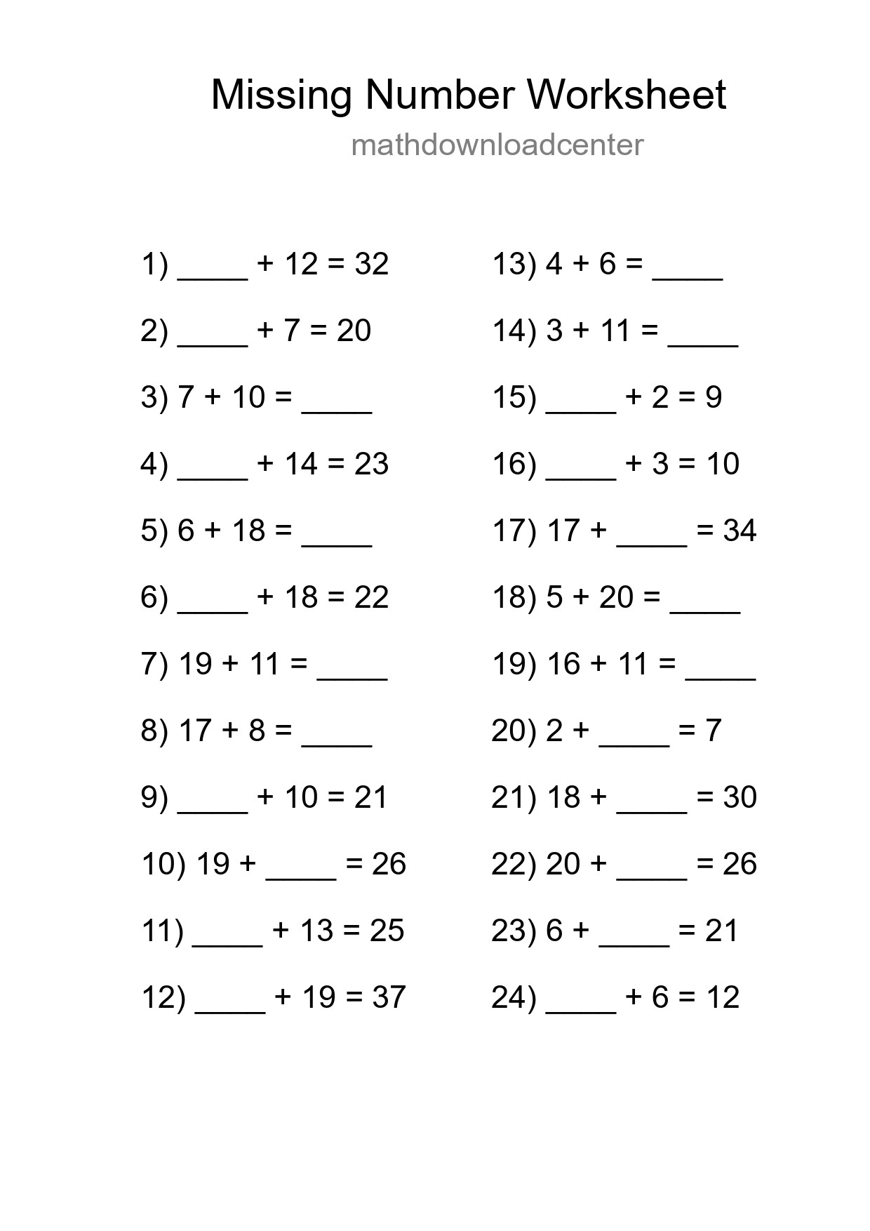 Missing Number Math Worksheet