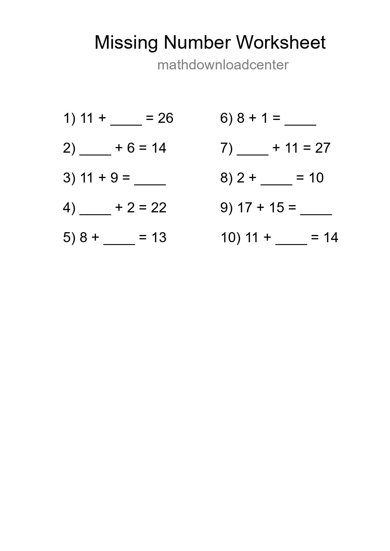 Missing Number Math Worksheet