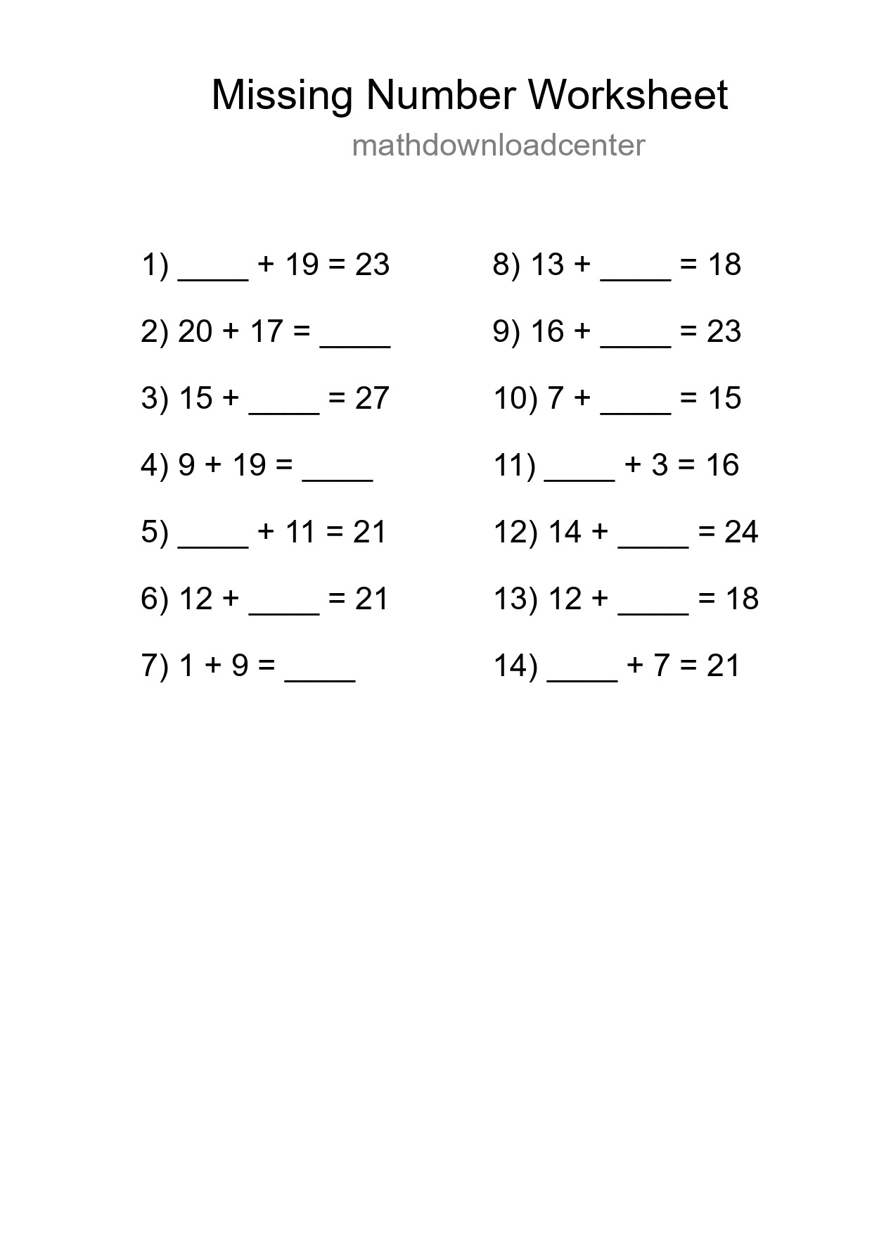 Missing Number Math Worksheet