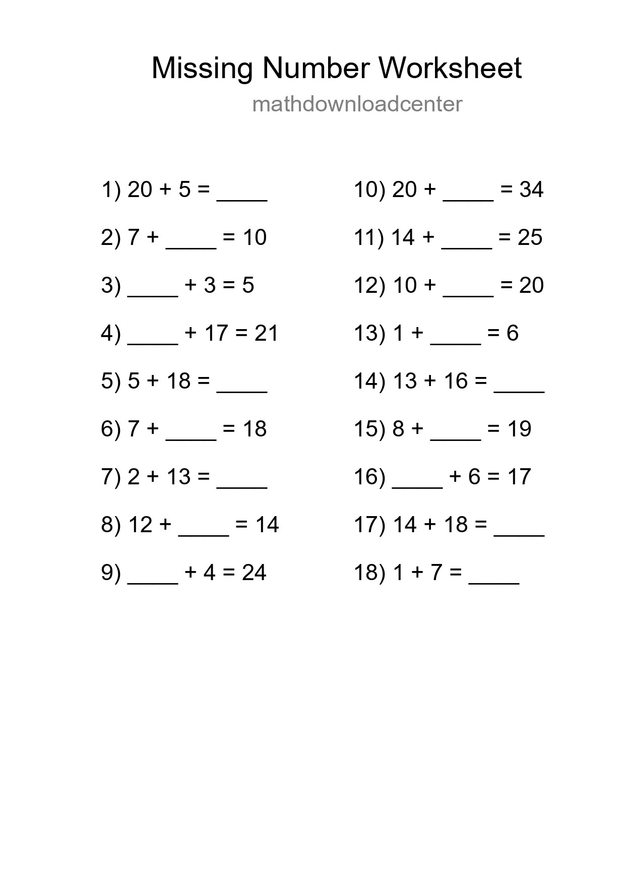 Missing Number Math Worksheet