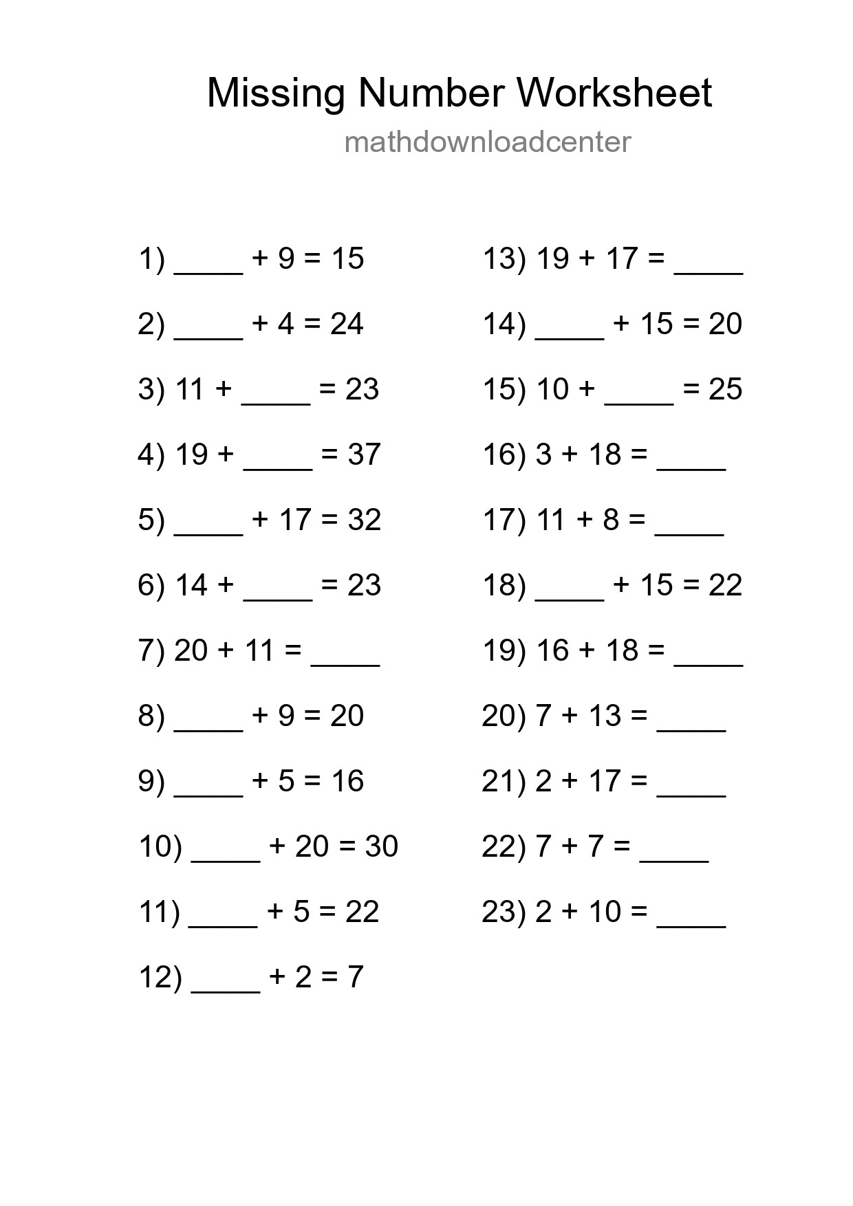 Missing Number Math Worksheet