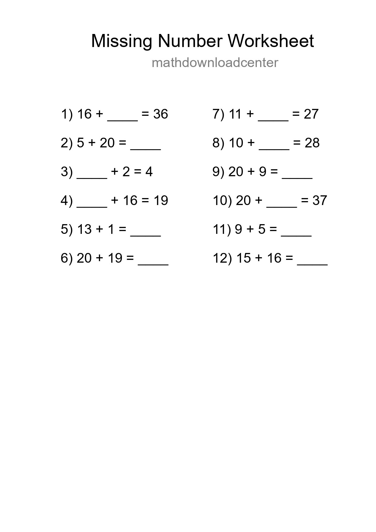 Missing Number Math Worksheet