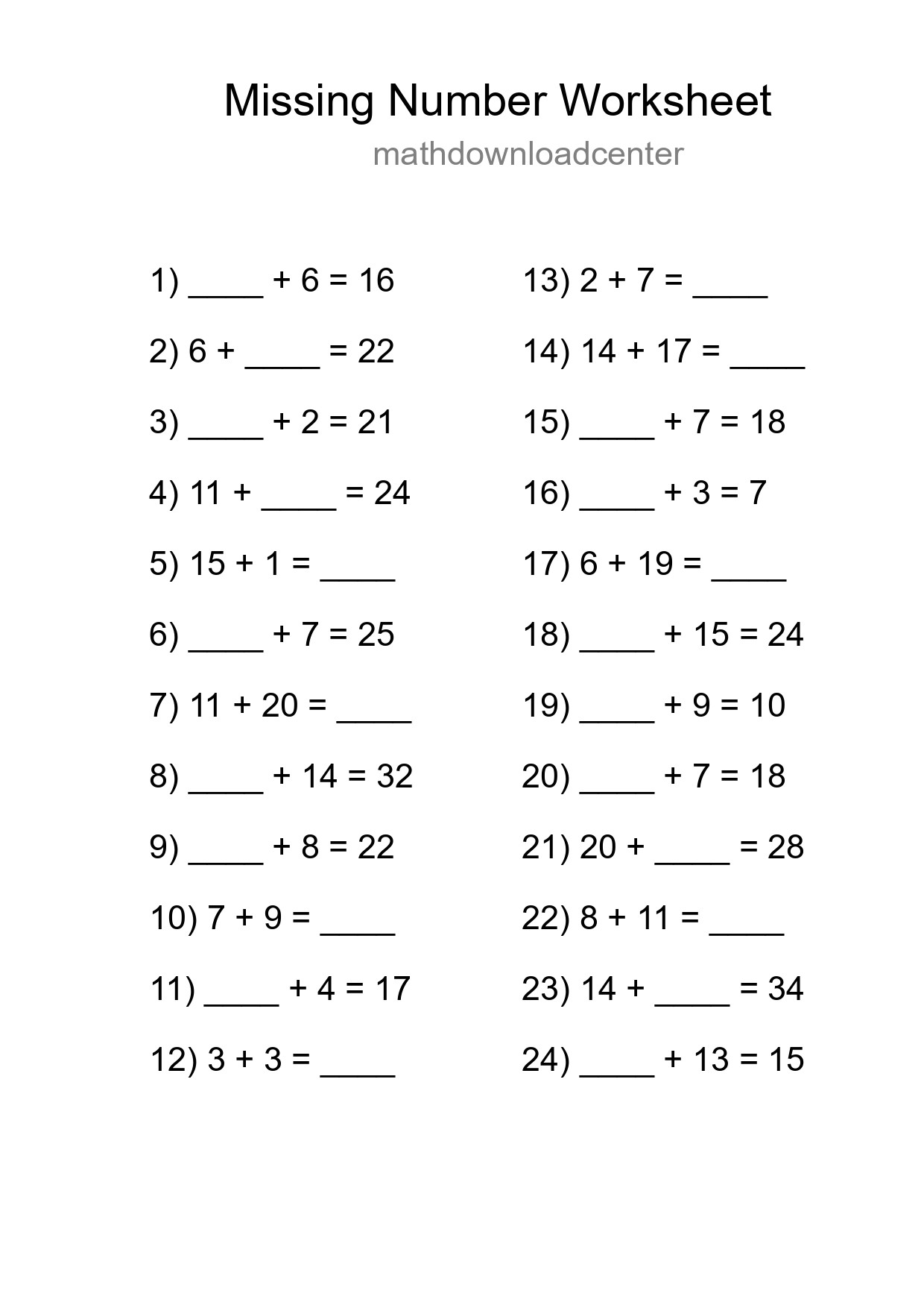 Missing Number Math Worksheet