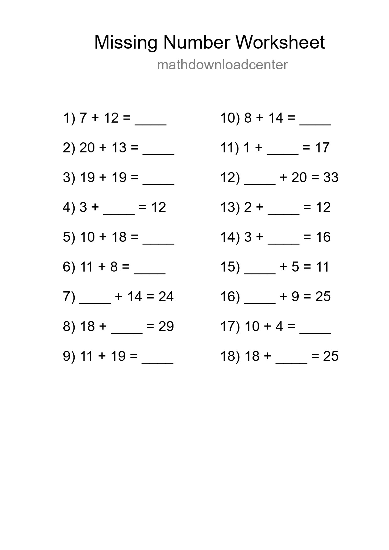 Missing Number Math Worksheet
