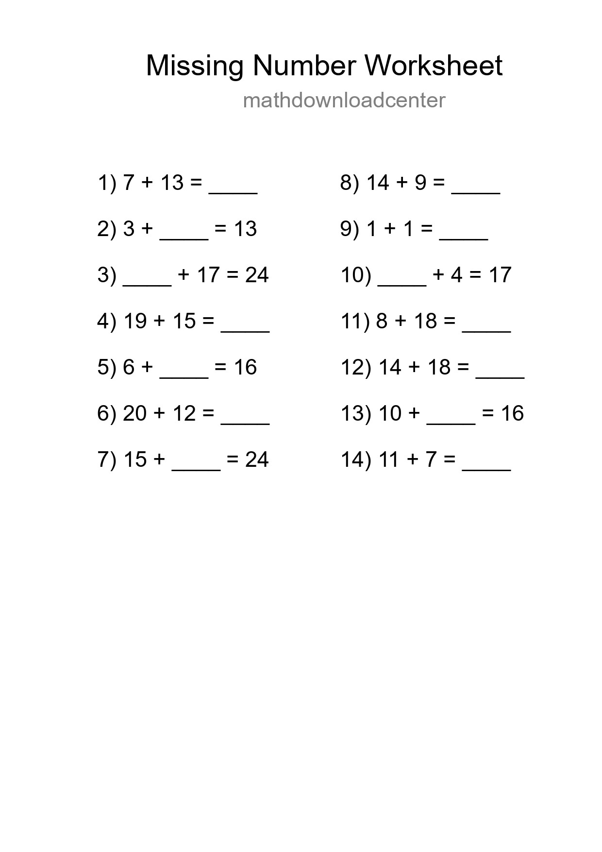 Missing Number Math Worksheet