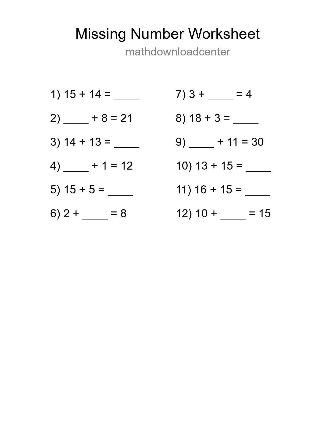 Missing Number Math Worksheet