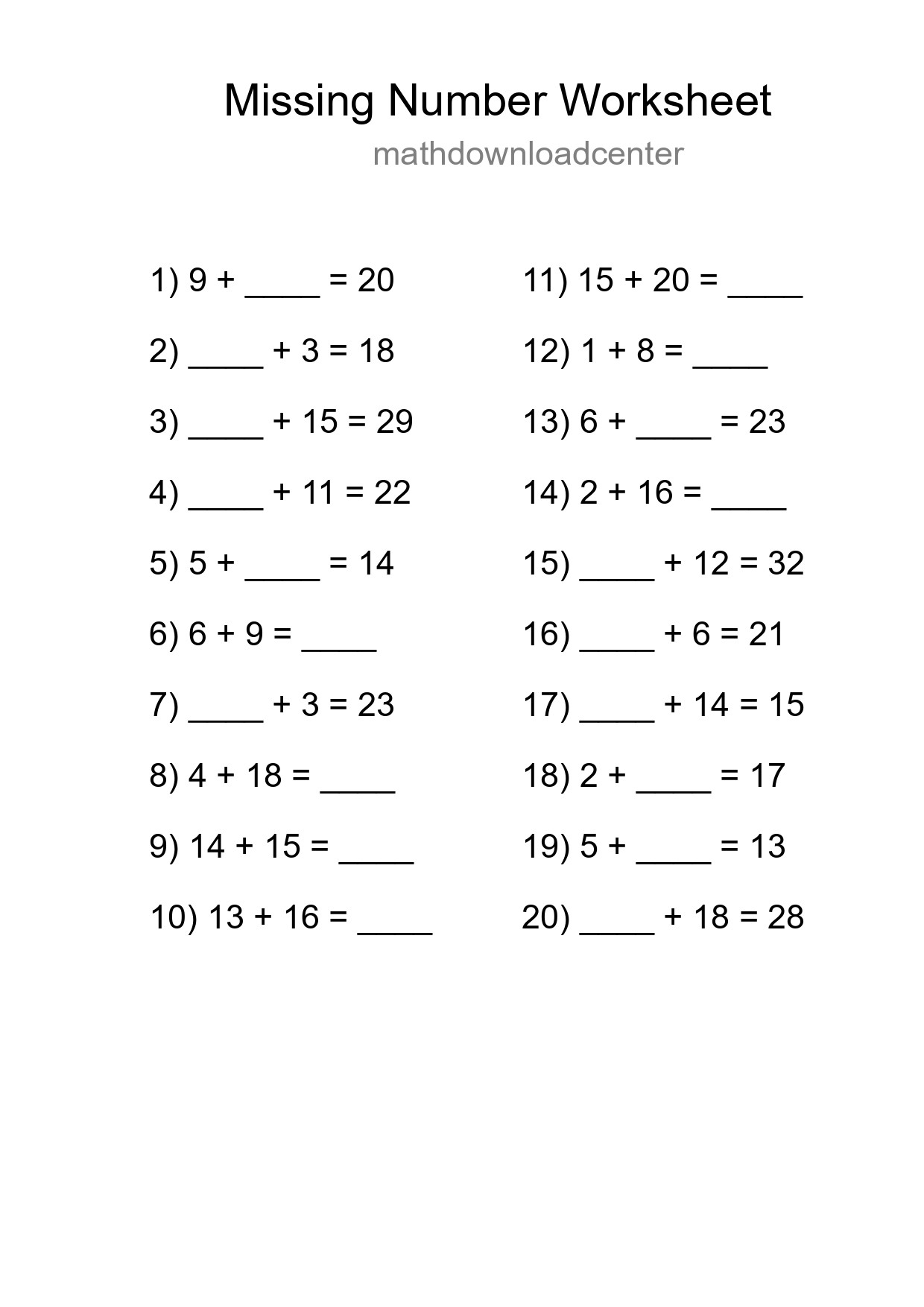 Missing Number Math Worksheet