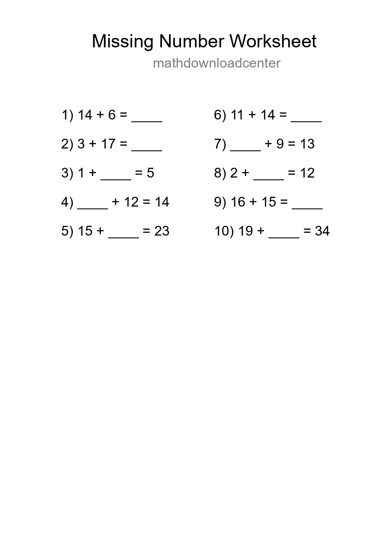 Missing Number Math Worksheet