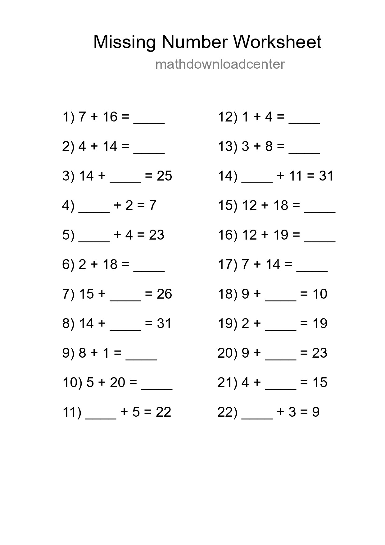 Missing Number Math Worksheet