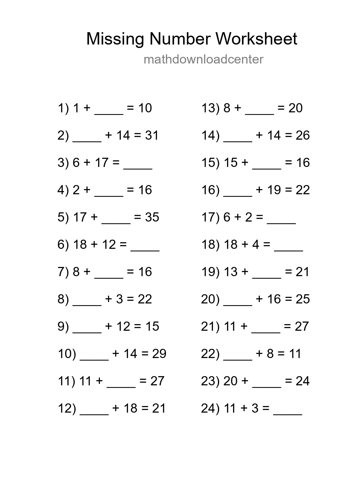 Missing Number Math Worksheet