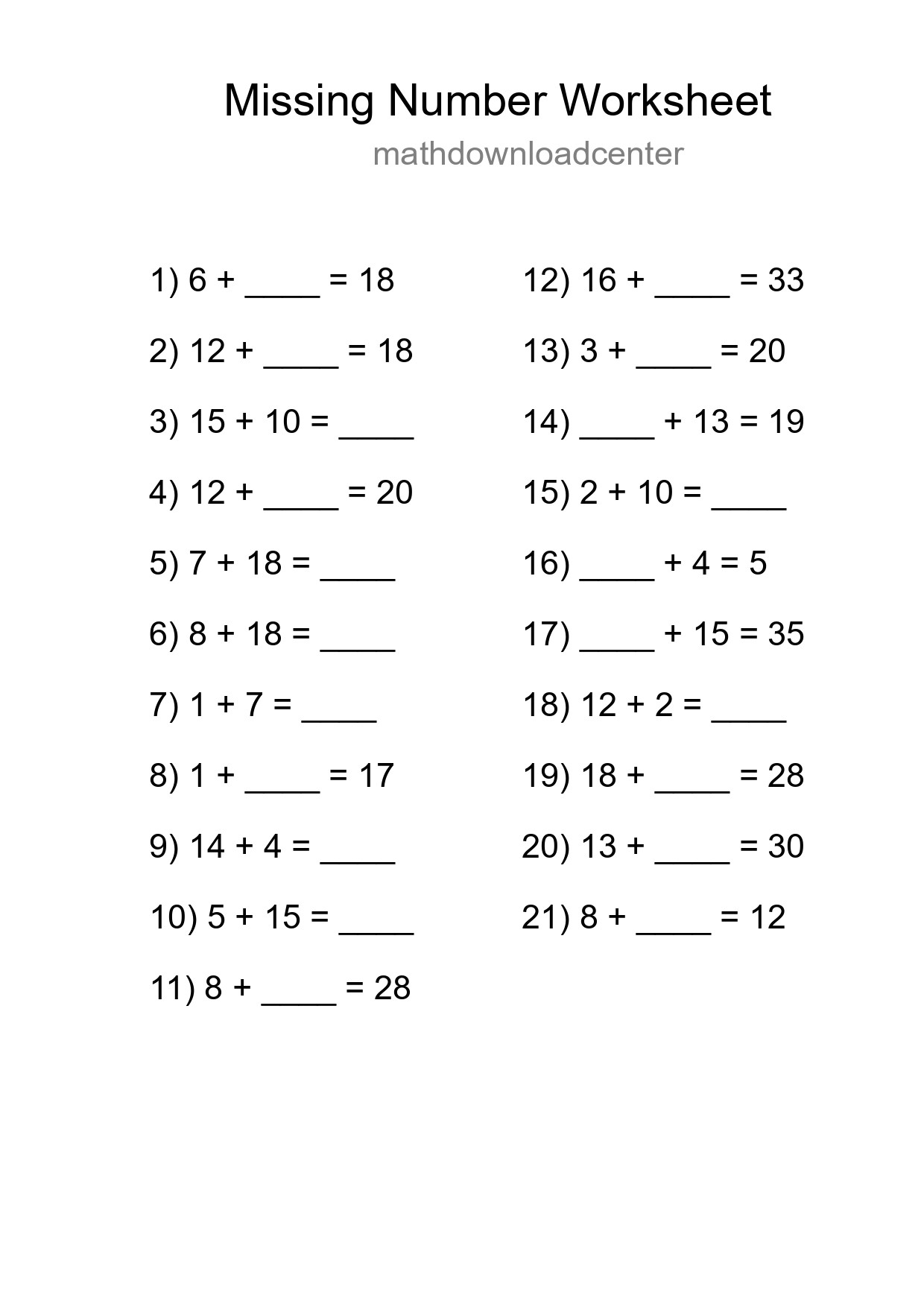 Missing Number Math Worksheet