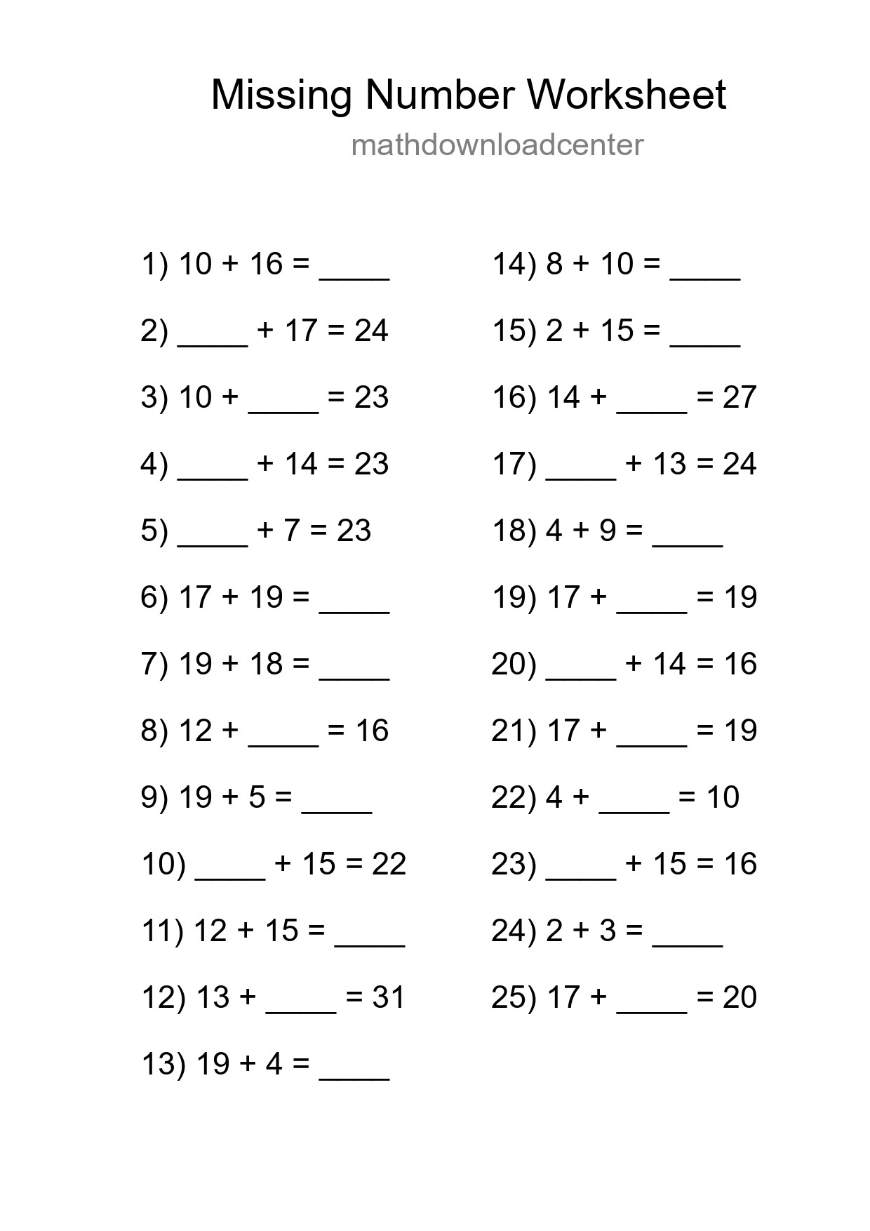Missing Number Math Worksheet