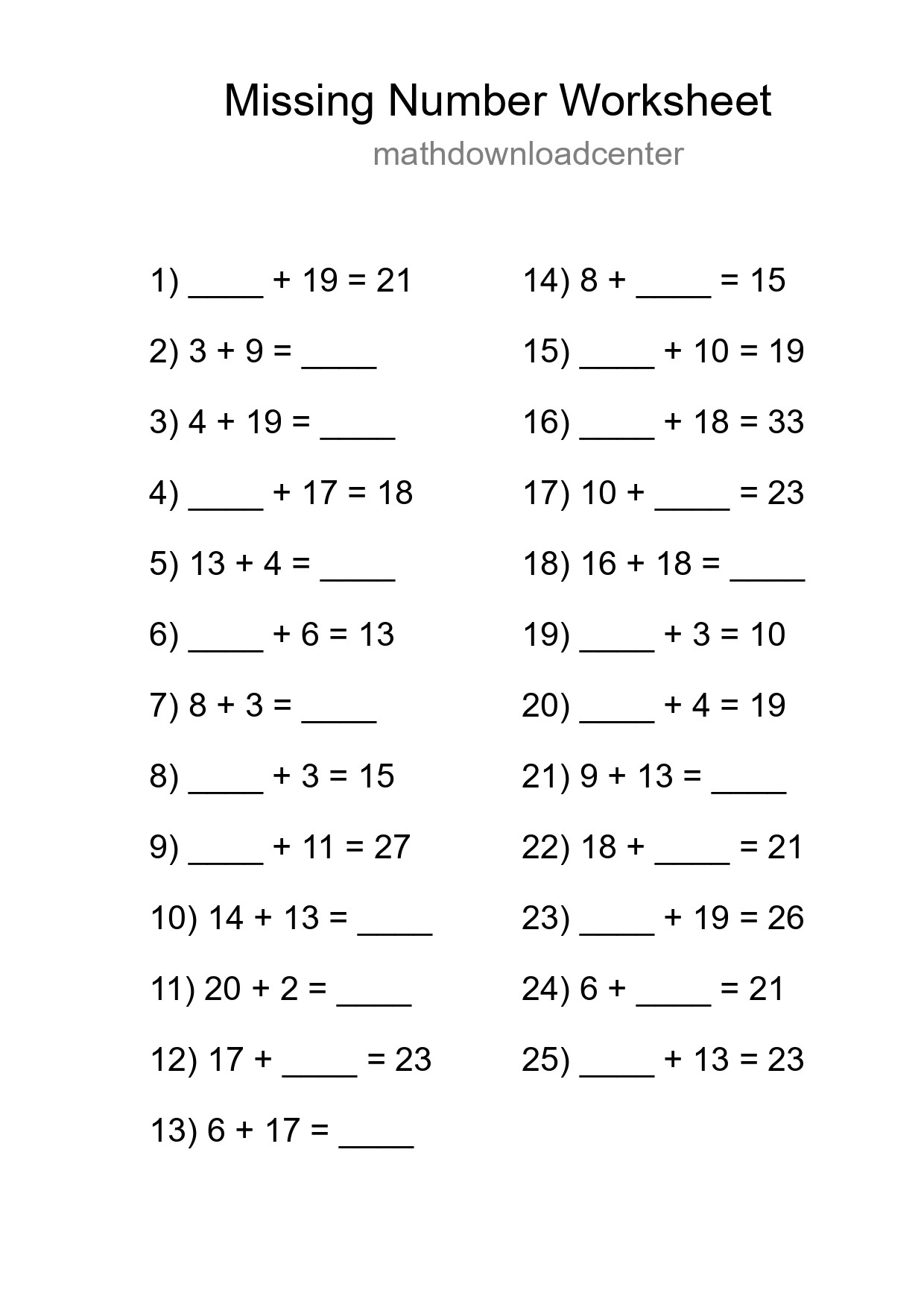 Missing Number Math Worksheet