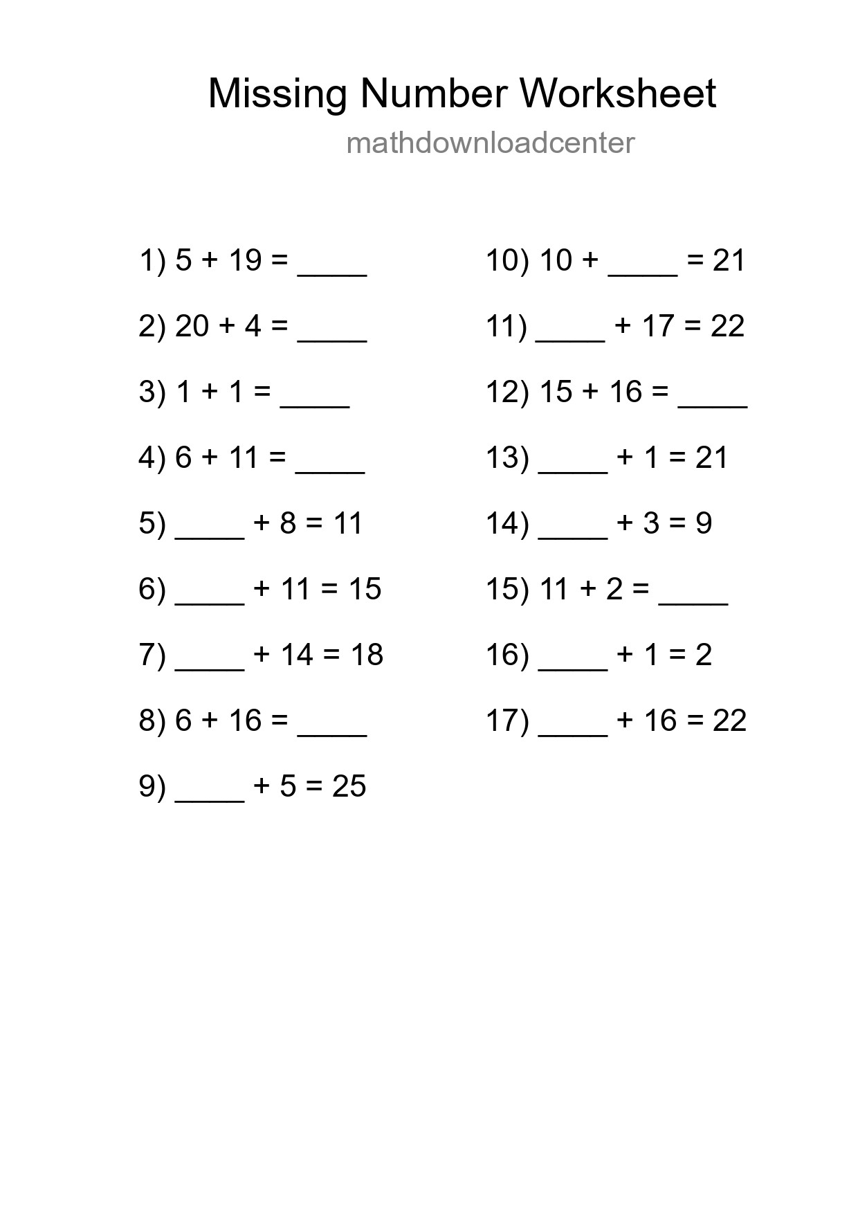Missing Number Math Worksheet