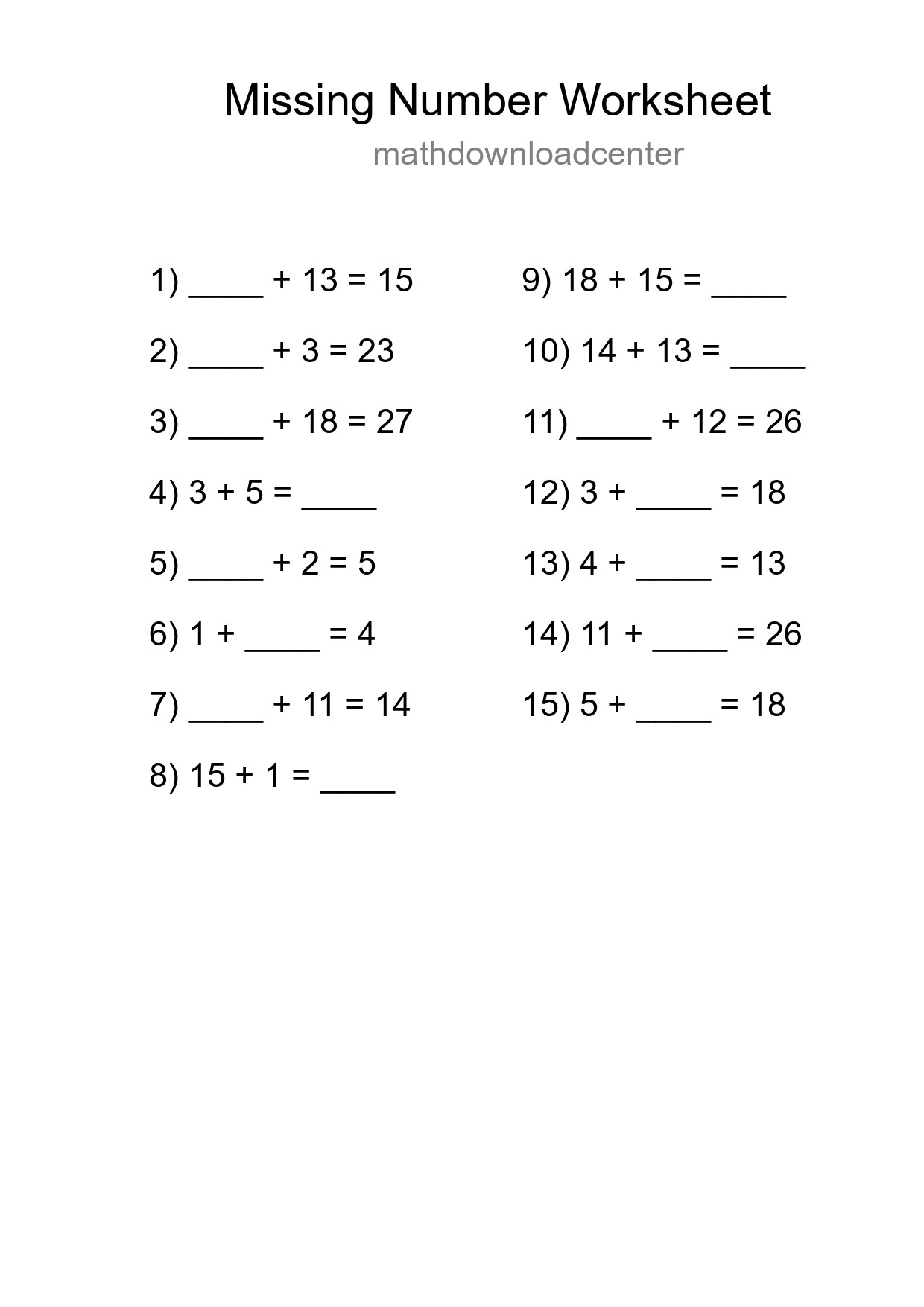 Missing Number Math Worksheet