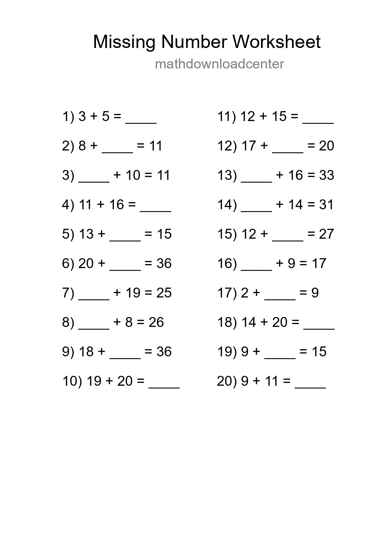 Missing Number Math Worksheet