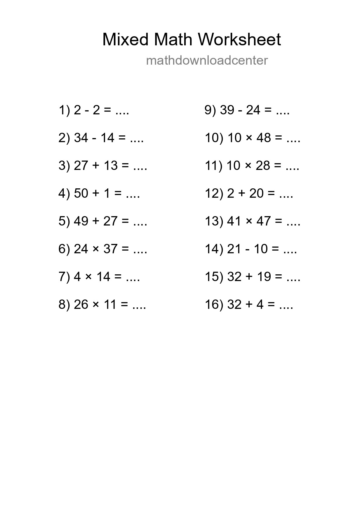 Mixed Operations Math Worksheet