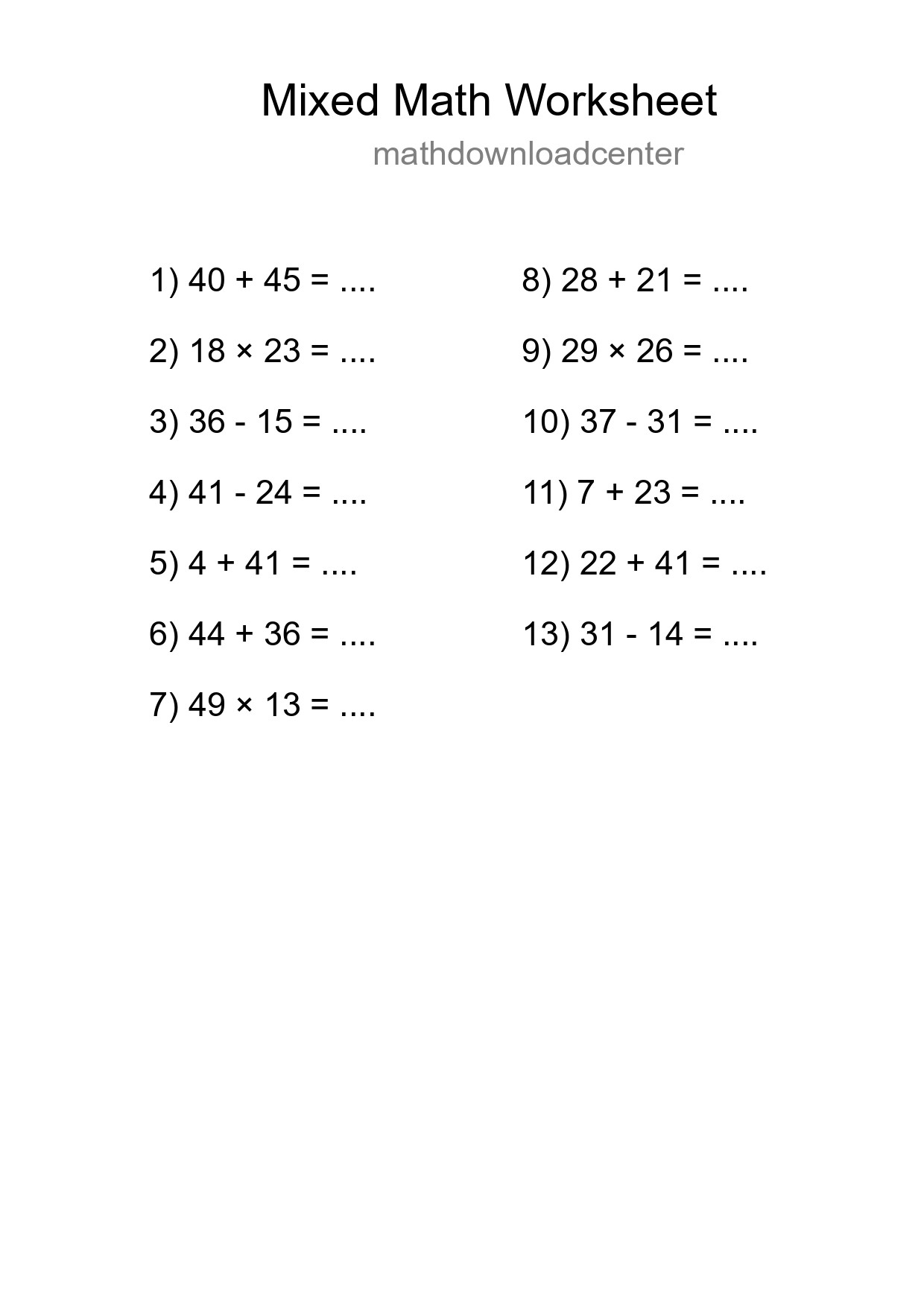 Mixed Operations Math Worksheet