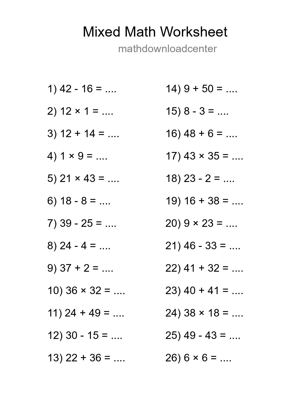Mixed Operations Math Worksheet