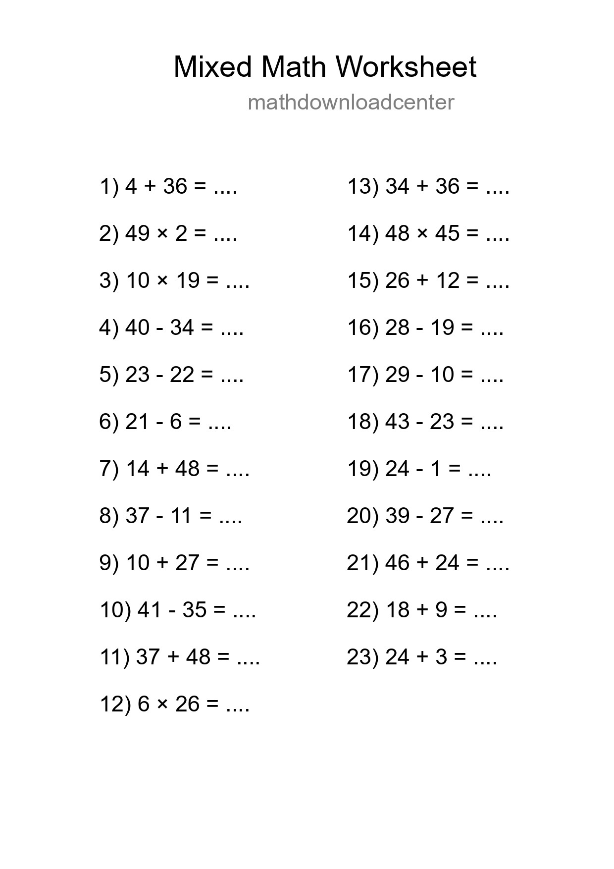 Mixed Operations Math Worksheet