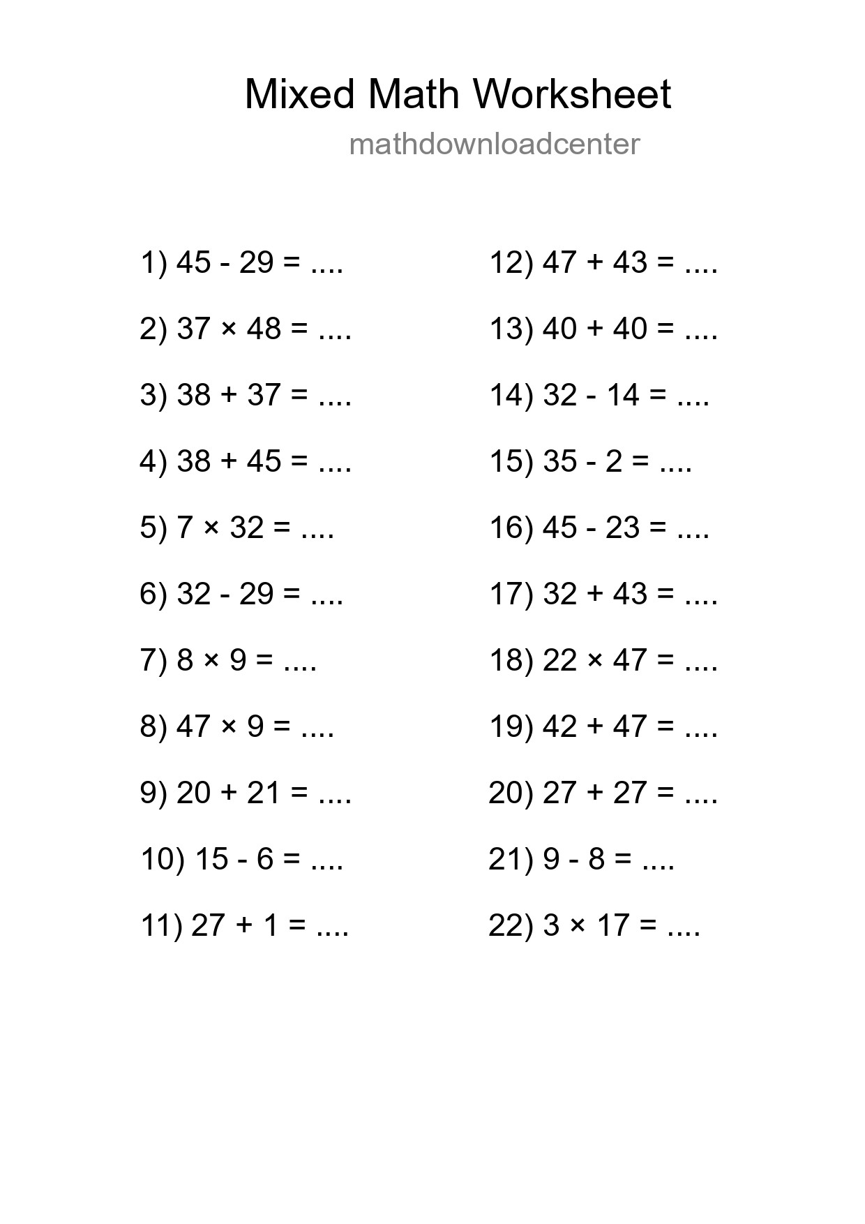 Mixed Operations Math Worksheet