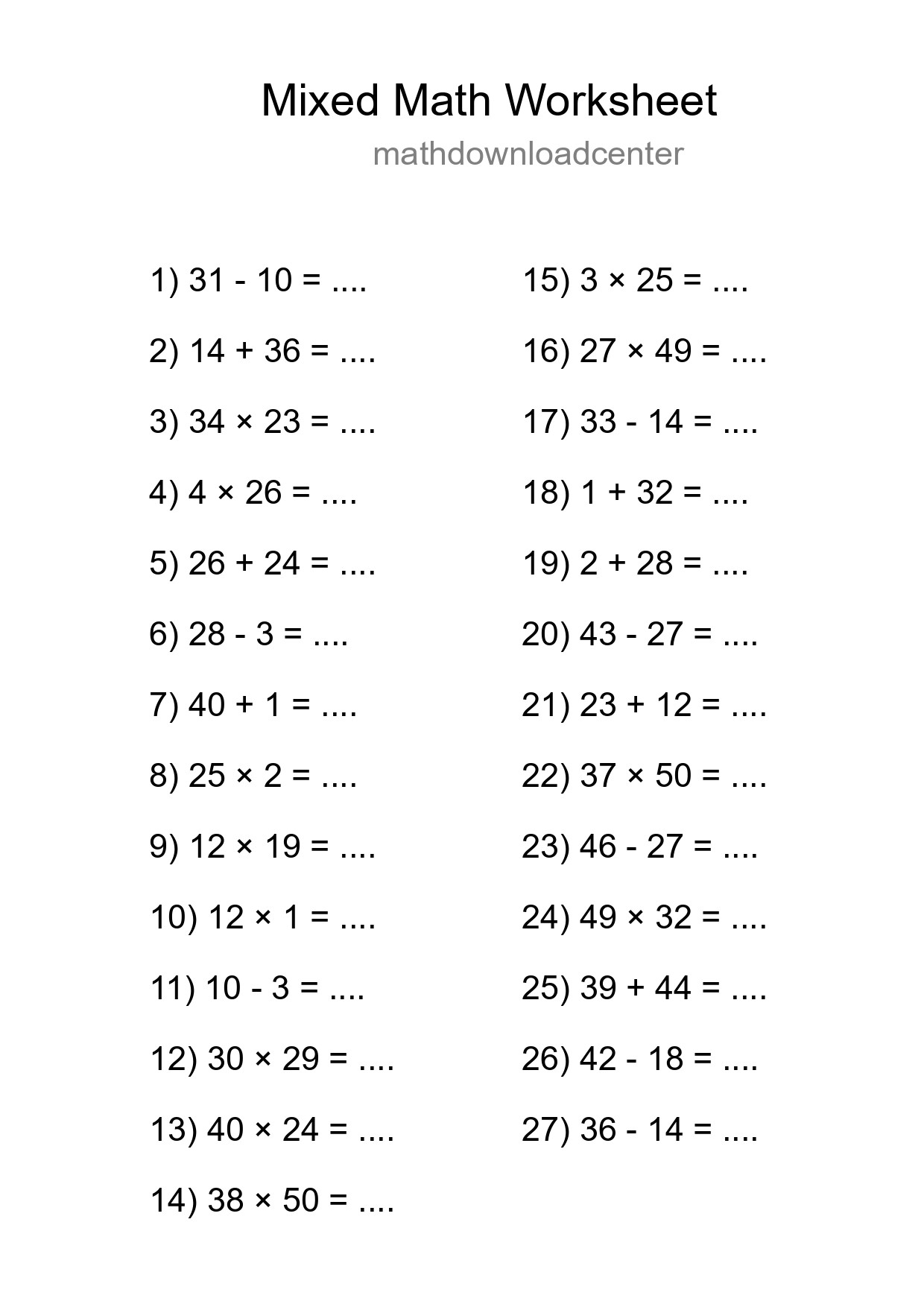 Mixed Operations Math Worksheet