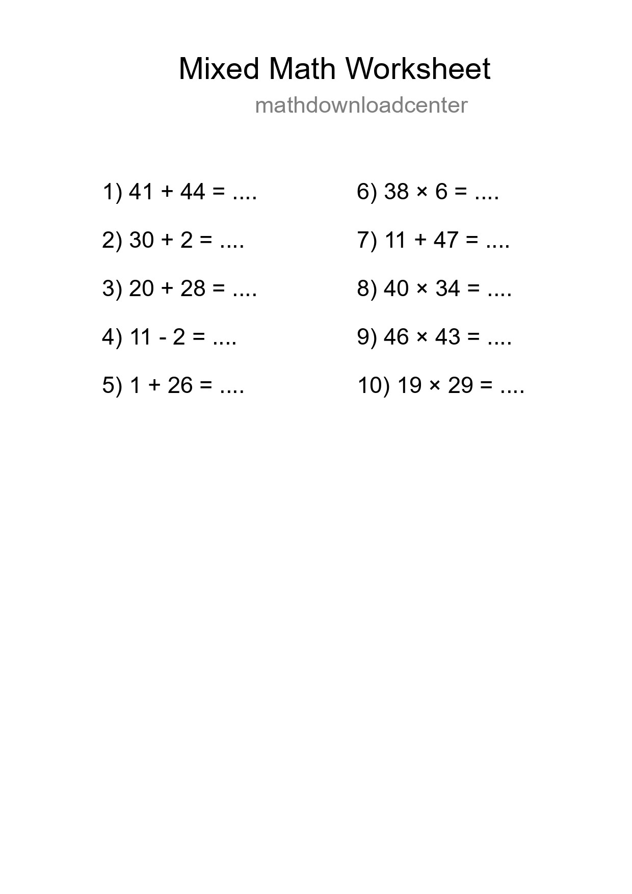 Mixed Operations Math Worksheet