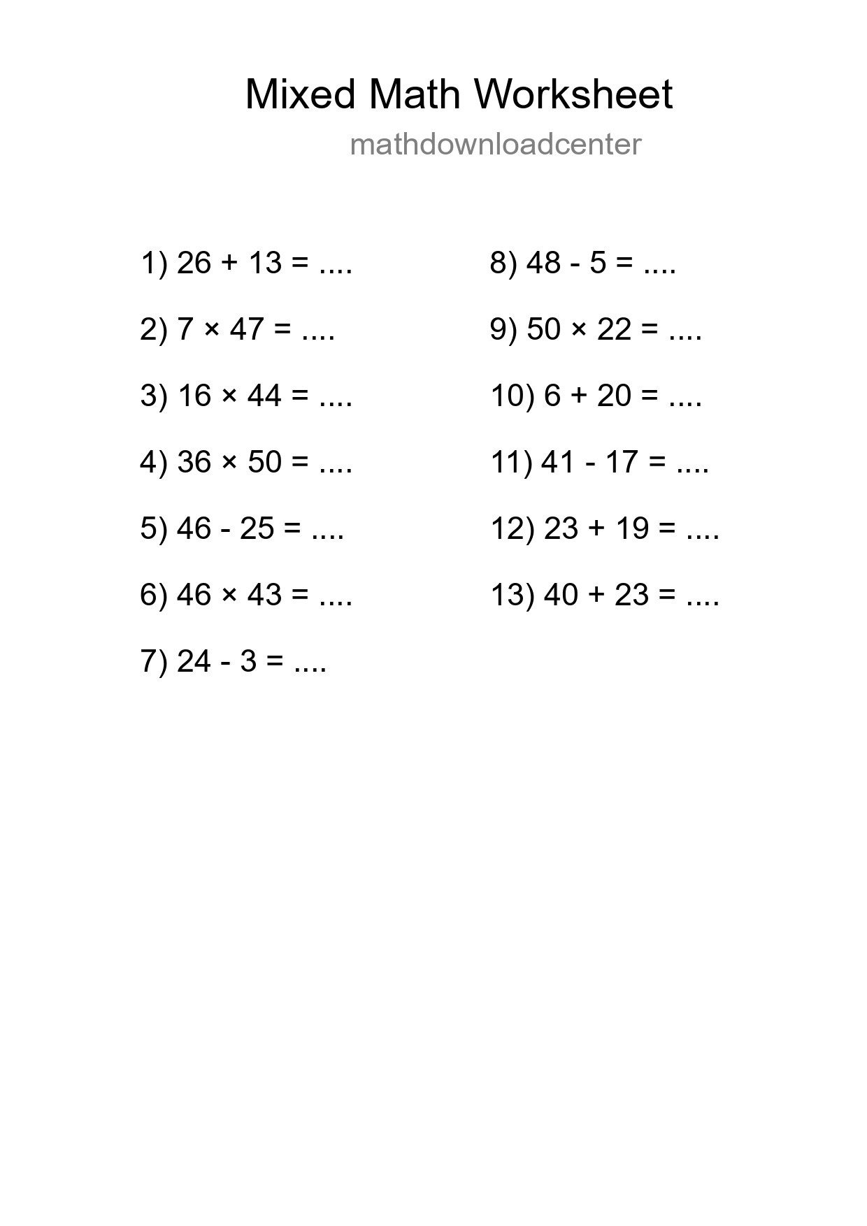 Mixed Operations Math Worksheet