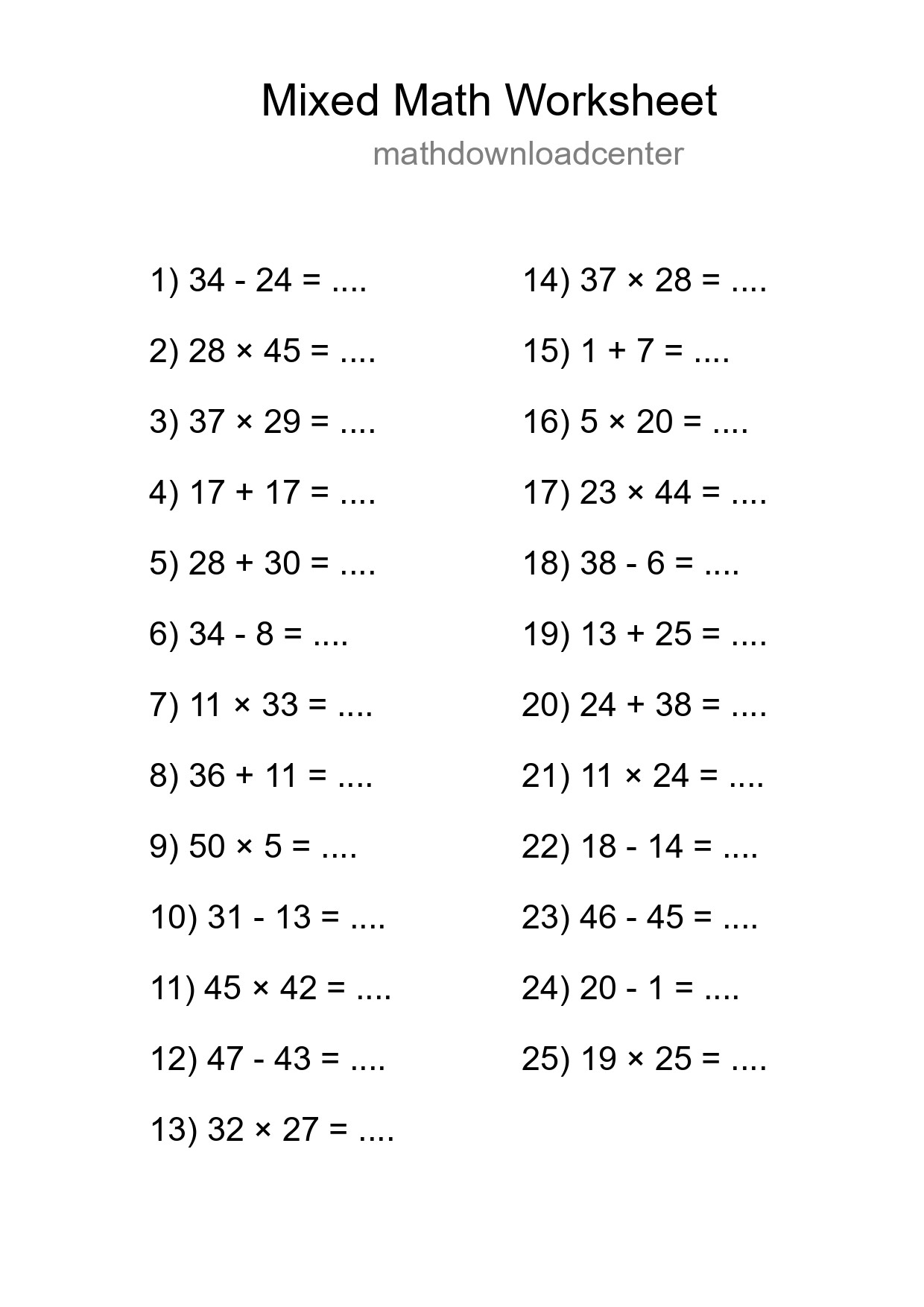 Mixed Operations Math Worksheet