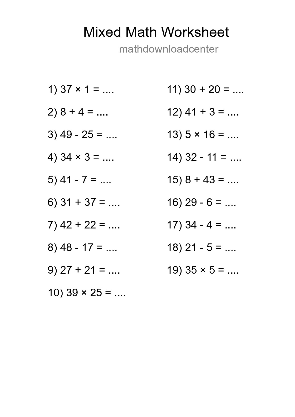 Mixed Operations Math Worksheet