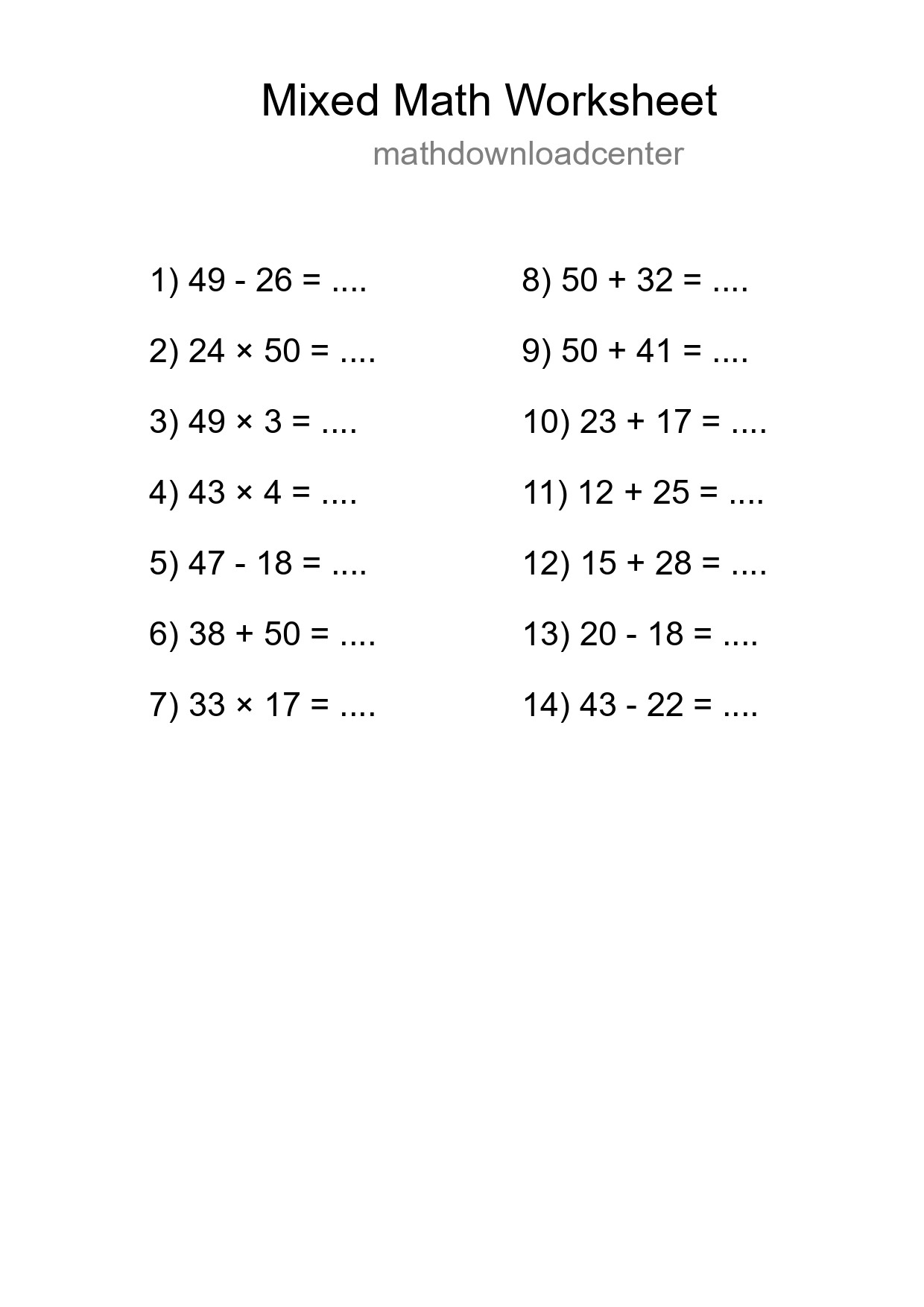 Mixed Operations Math Worksheet