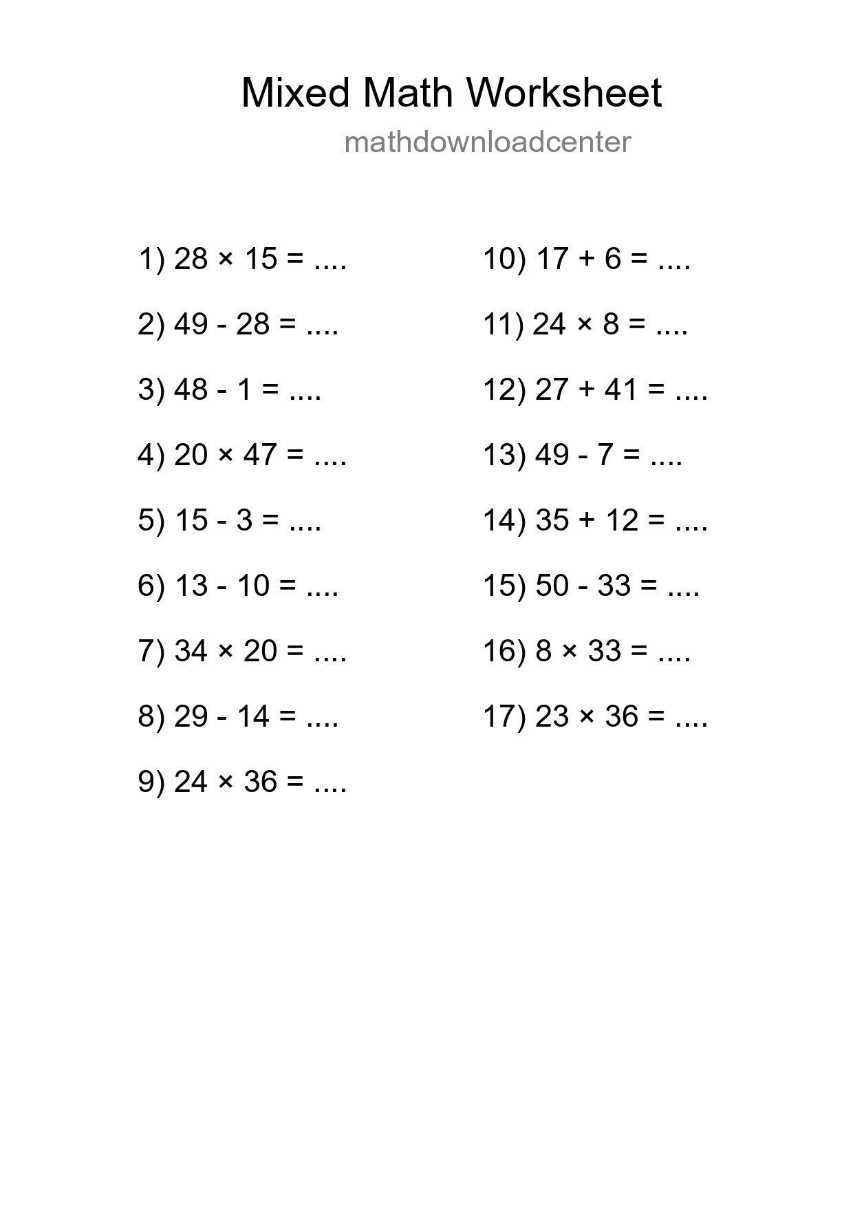 Mixed Operations Math Worksheet