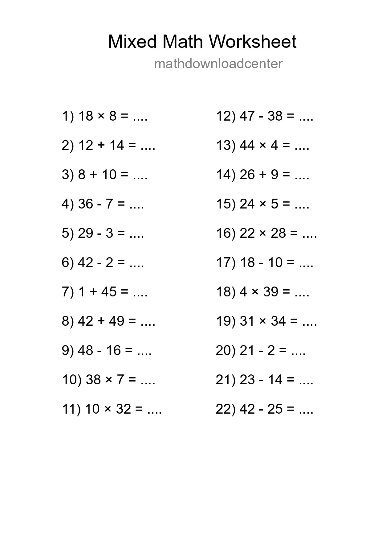 Mixed Operations Math Worksheet