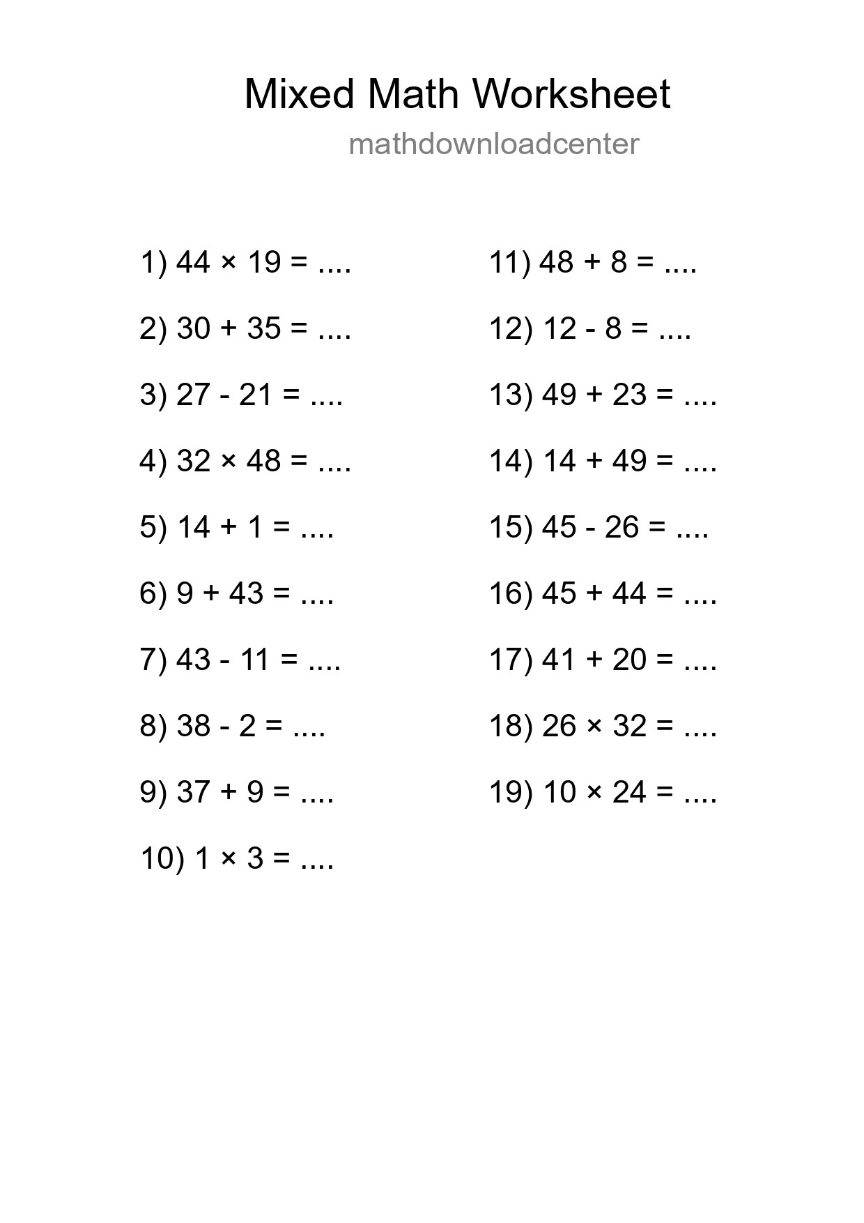 Mixed Operations Math Worksheet