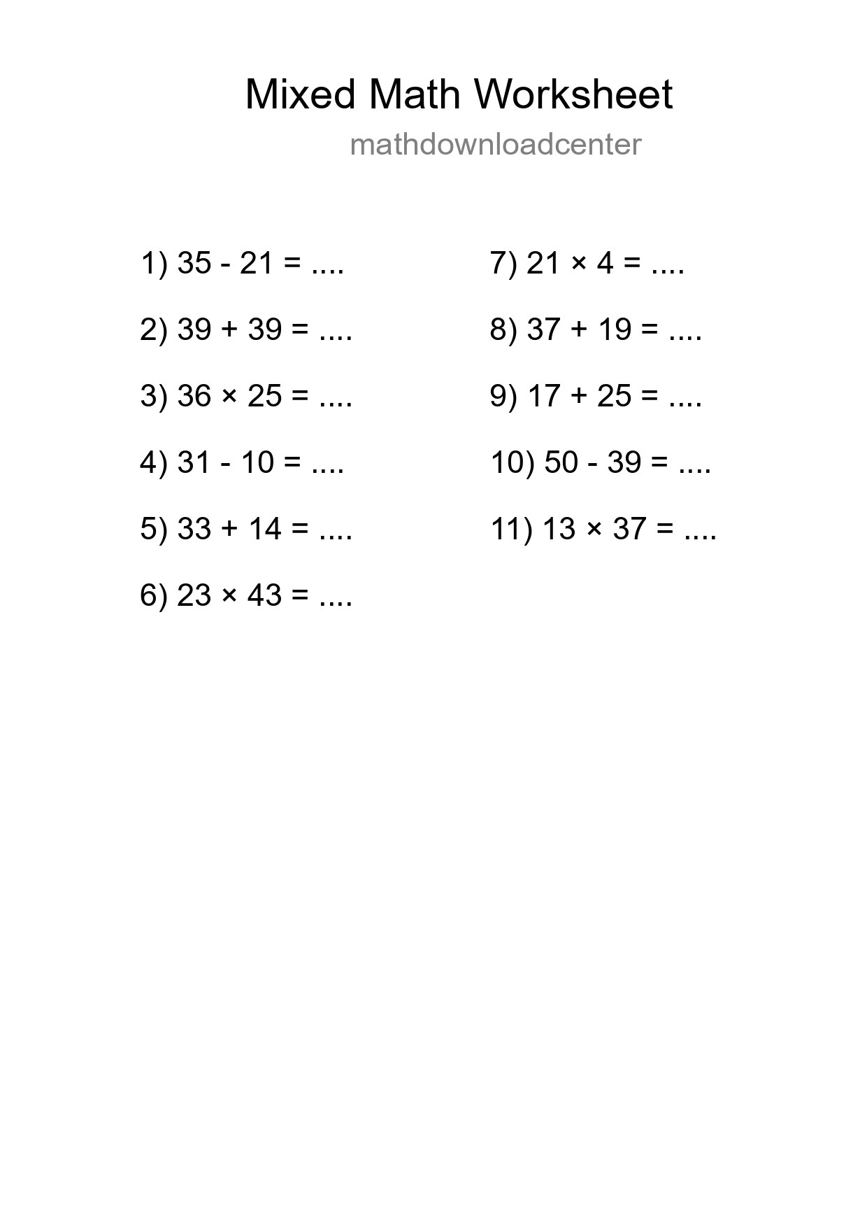 Mixed Operations Math Worksheet