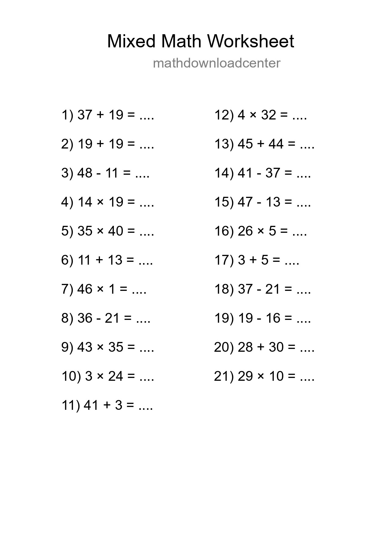Mixed Operations Math Worksheet
