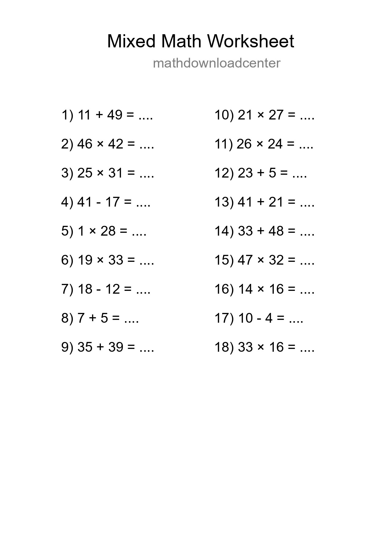 Mixed Operations Math Worksheet