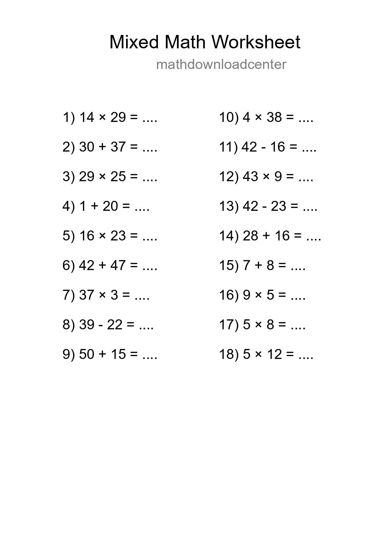 Mixed Operations Math Worksheet