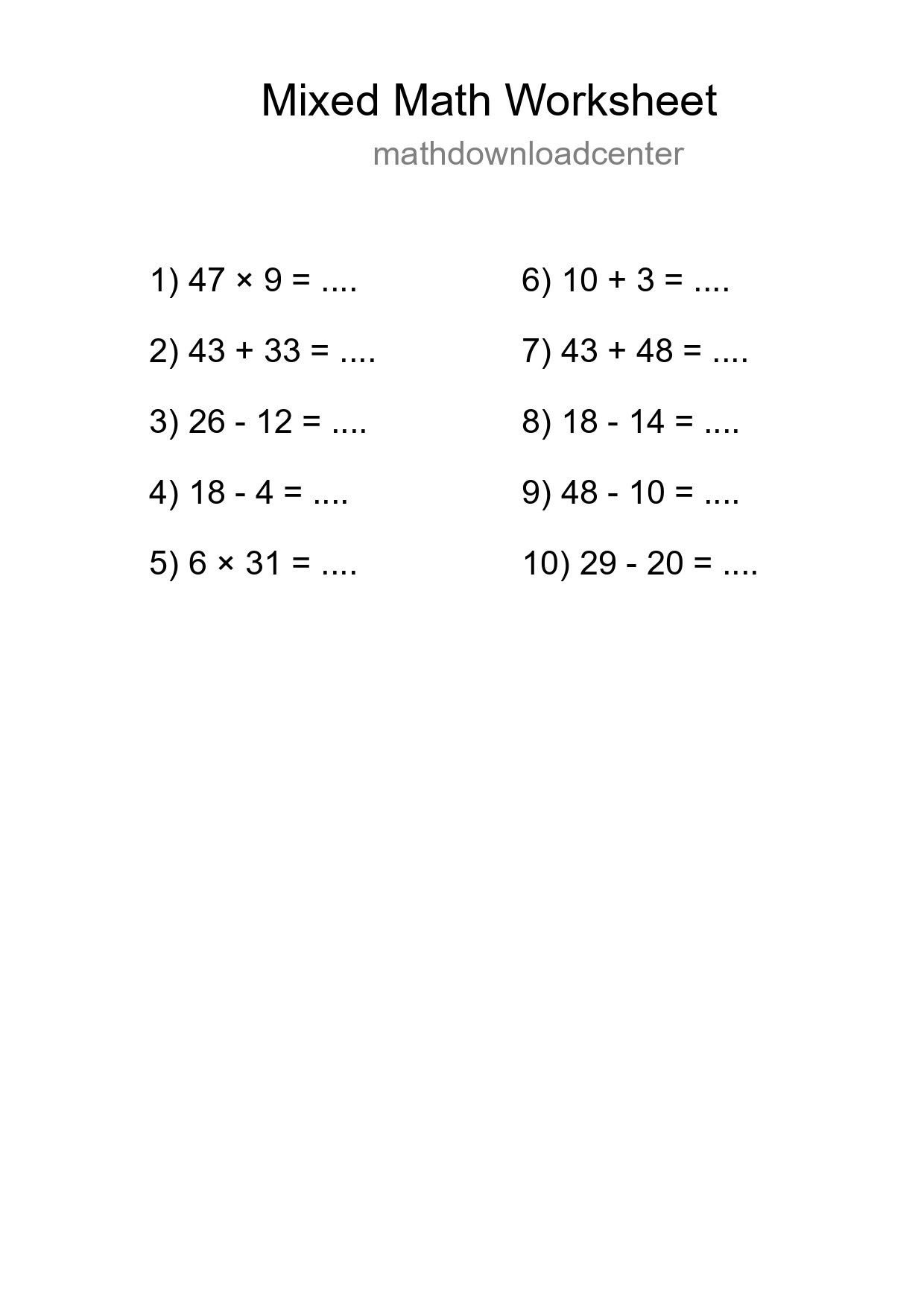 Mixed Operations Math Worksheet