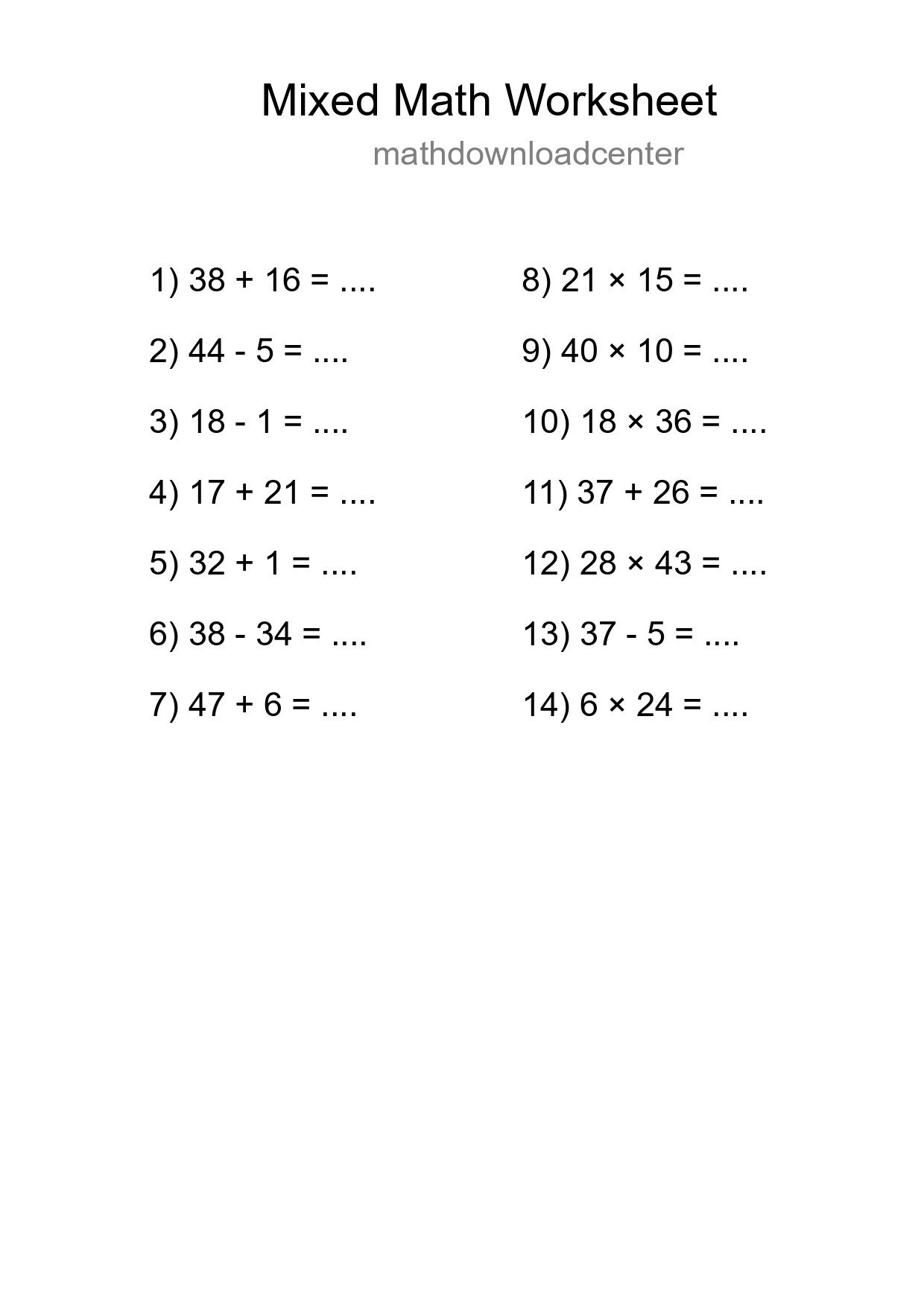 Mixed Operations Math Worksheet