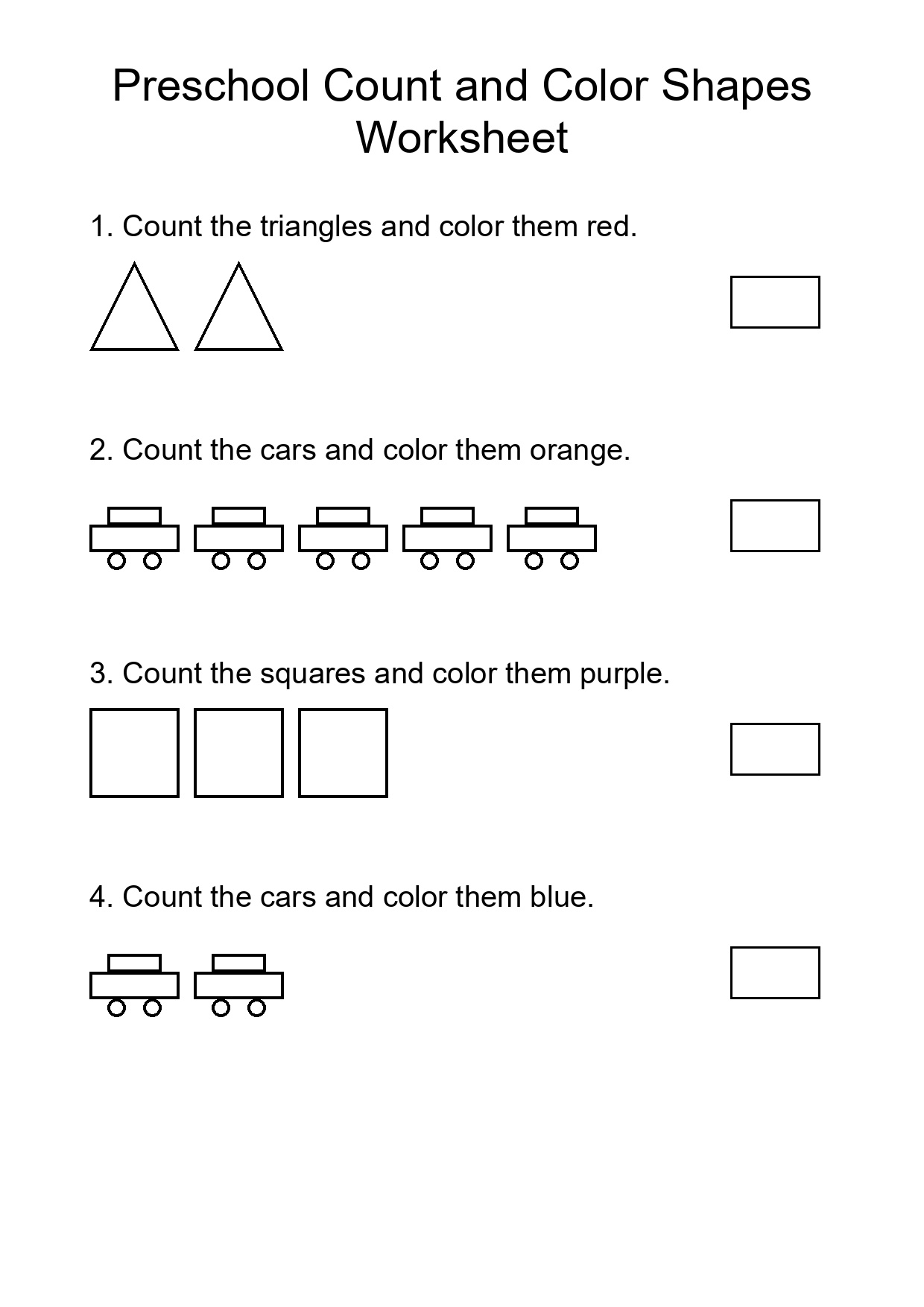 Preschool Count and Color Shapes Worksheet