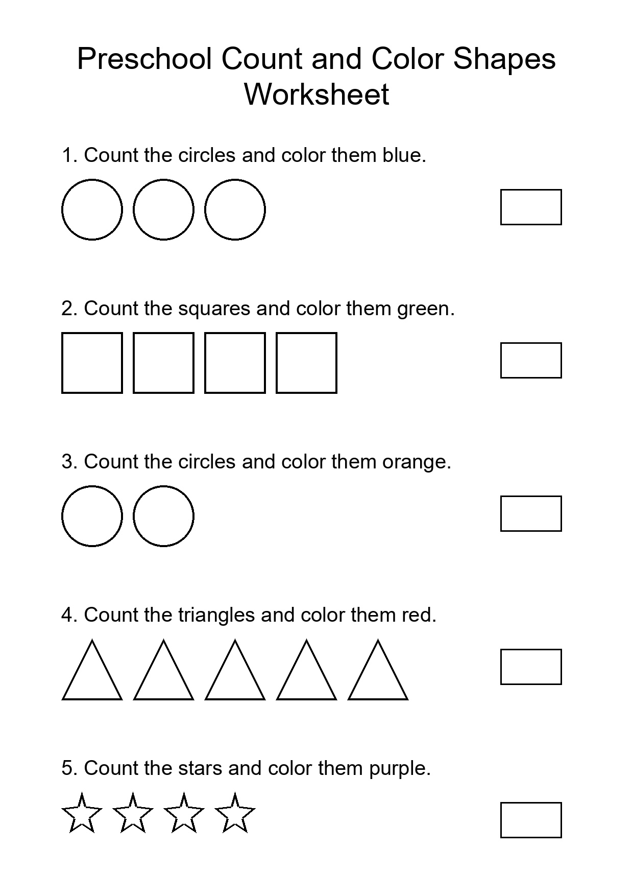 Preschool Count and Color Shapes Worksheet