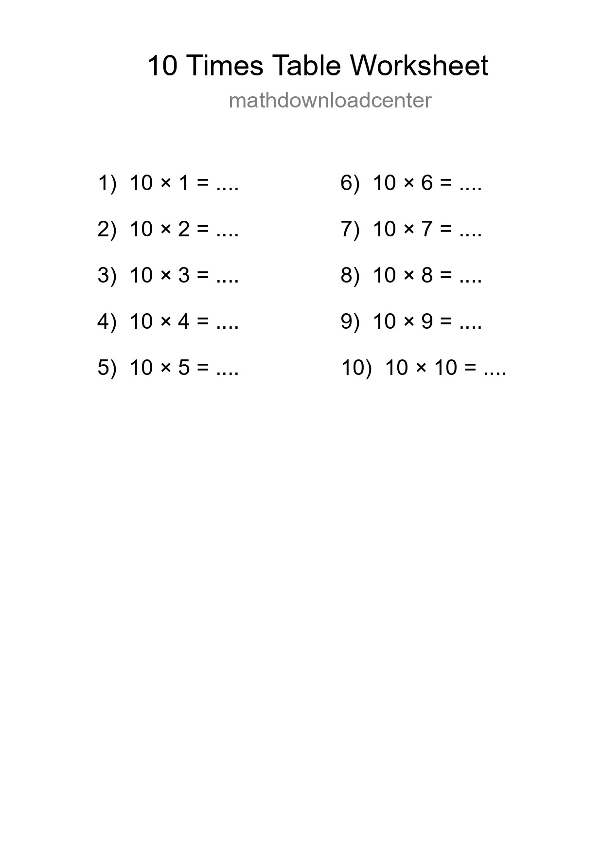 Printable 10 Times Table Worksheet For Grade 3 - Part 86