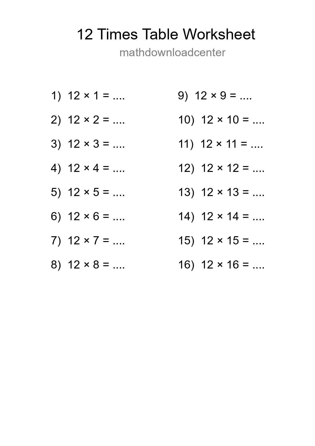 Printable 12 Times Table Worksheet For Grade 4 - Part 152