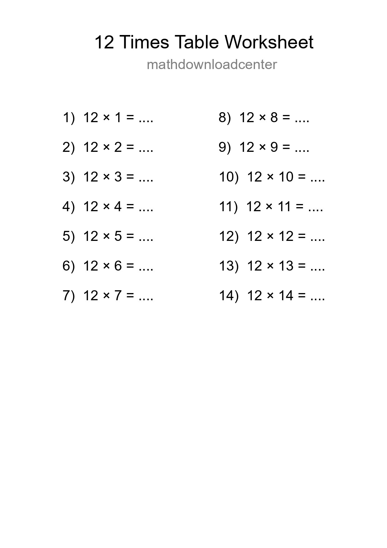 Printable 12 Times Table Worksheet For Grade 4 - Part 240