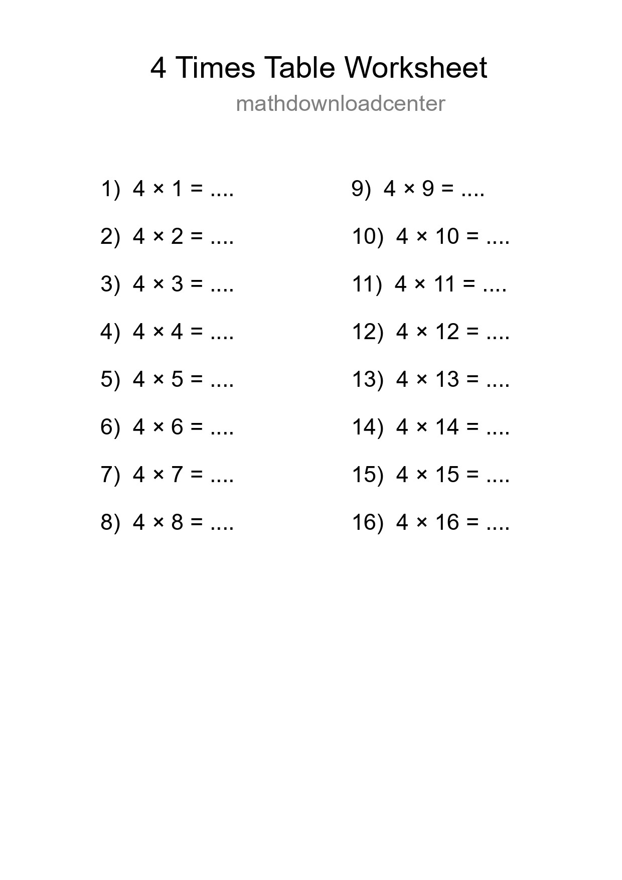Printable 4 Times Table Worksheet For Grade 2 - Part 31