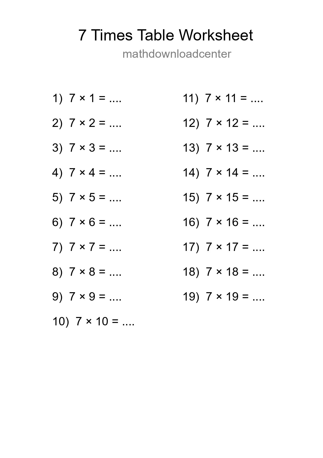 Printable 7 Times Table Worksheet For Grade 3 - Part 174