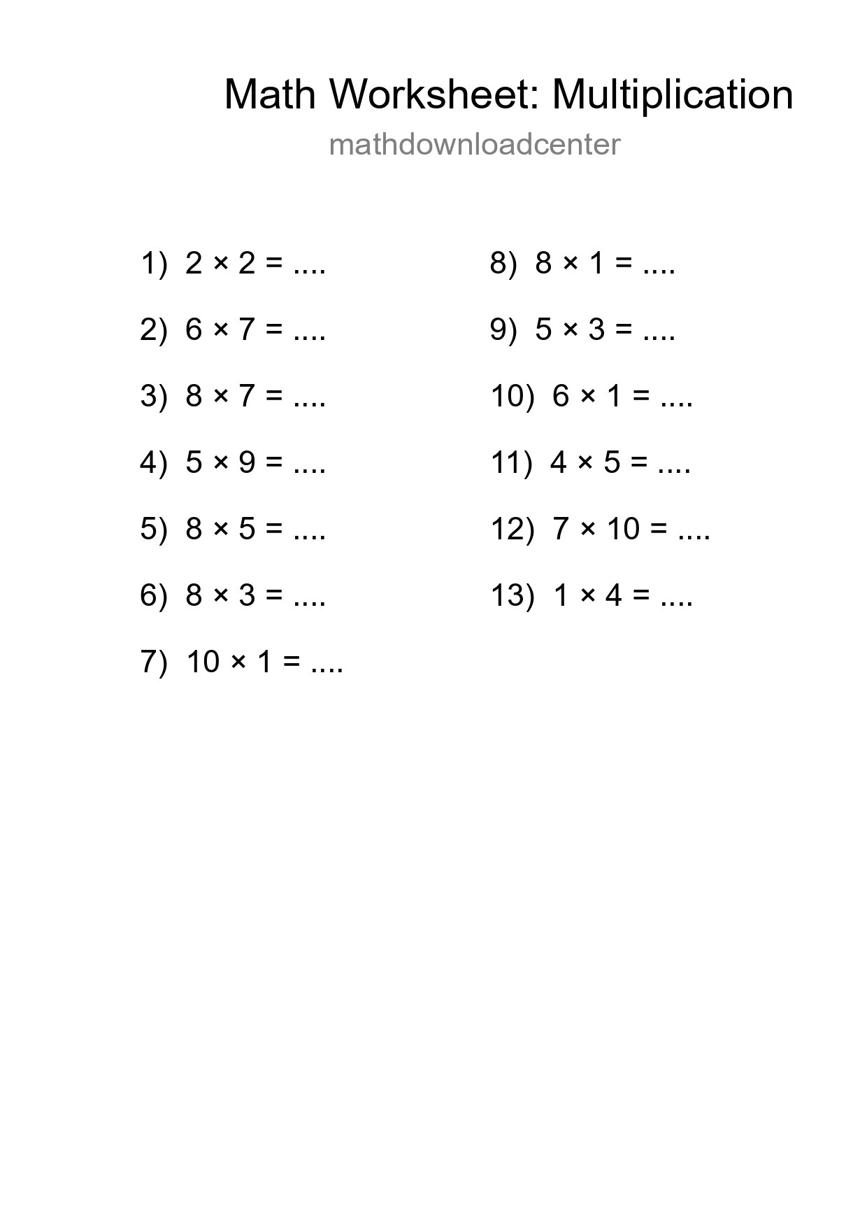 Printable Free 13 Multiplication Math Worksheet For Grade 1 - Part 293